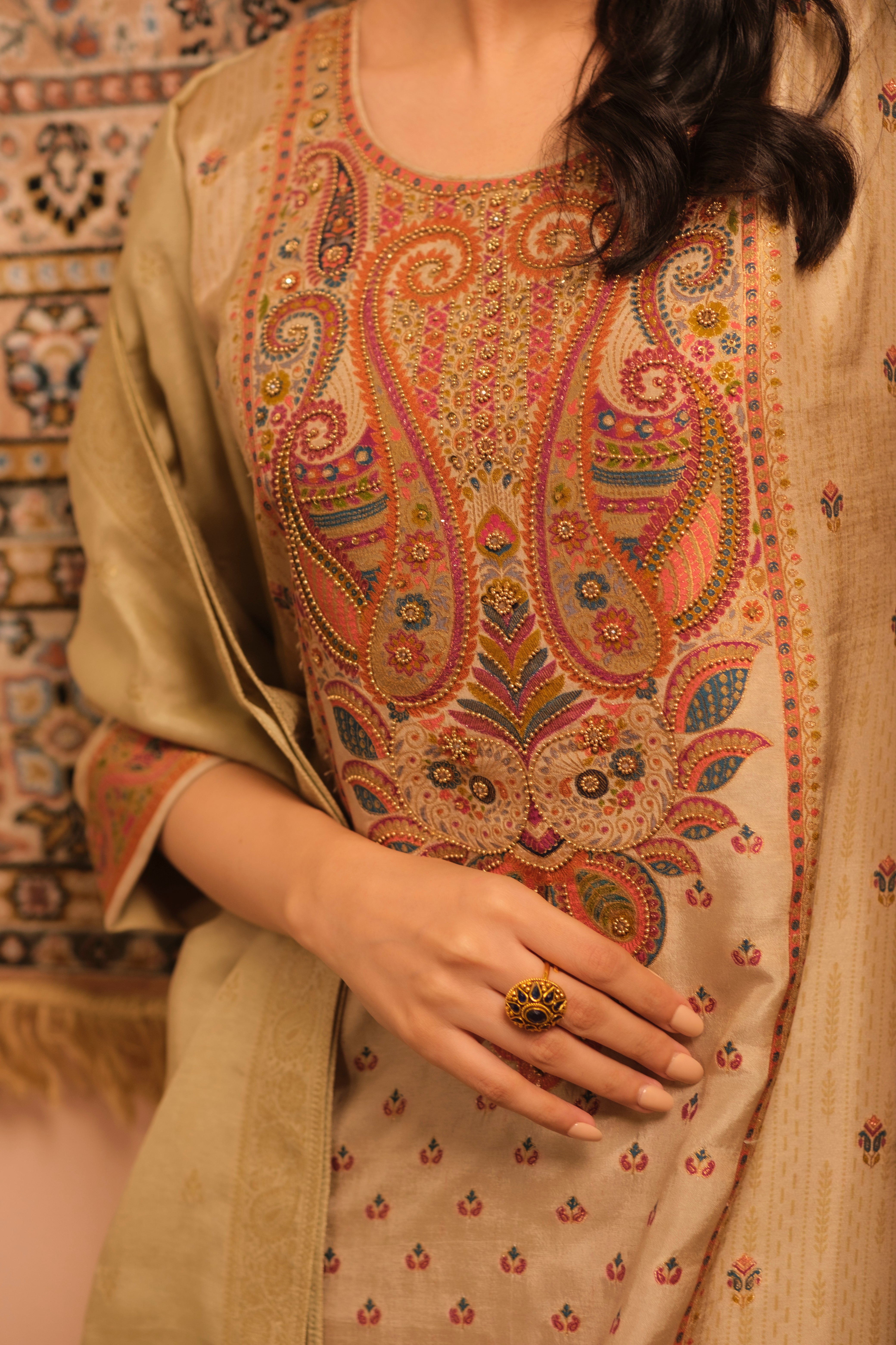 Meher Warm Beige Dola Jacquard Suit Set | HER-487