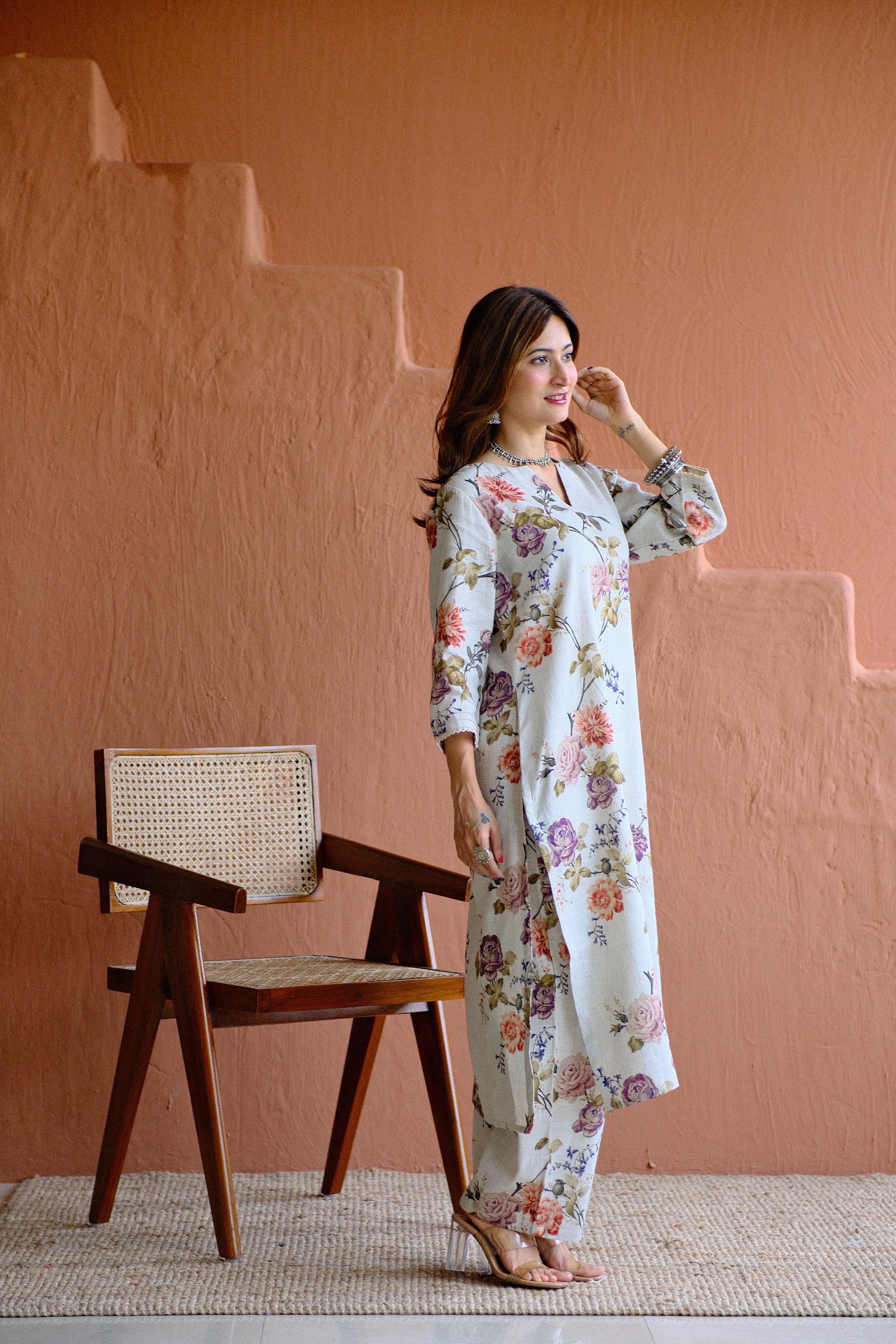 Rosalie Bloom Pure Linen Co-ord/Kurta Set | HER-465