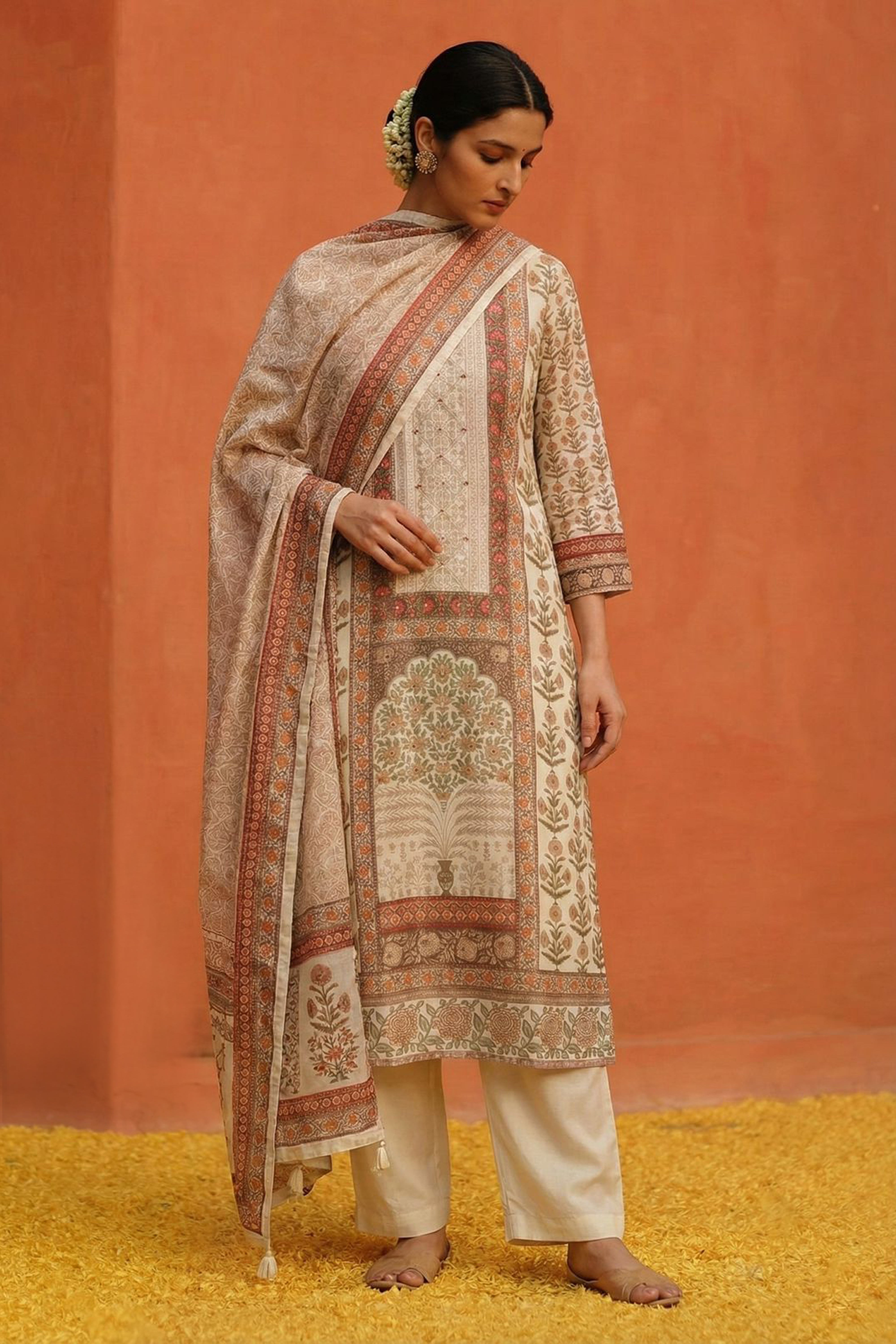 Cream Straight Fit Muslin Suit Set | HER-454