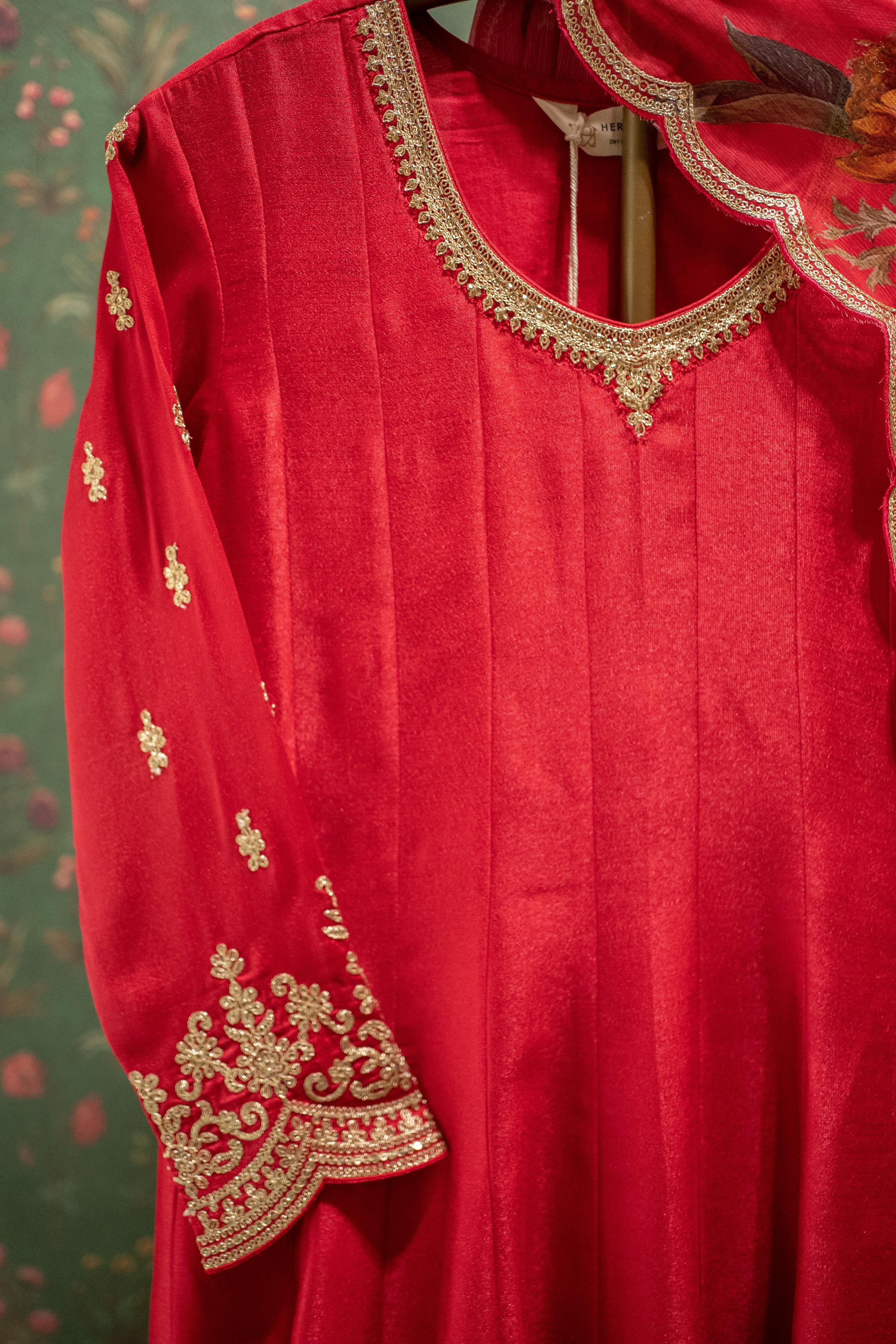 Ruhani Red Satin Silk Suit Set with Golden Embroidery & Floral Organza Dupatta | HER-560