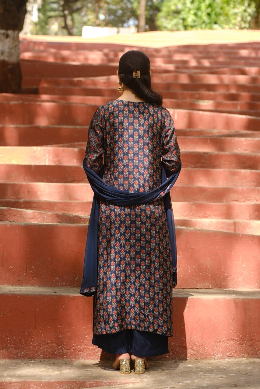 Blue Ajrakh A-Line Chanderi Silk Suit Set | HER-635 x Prachi