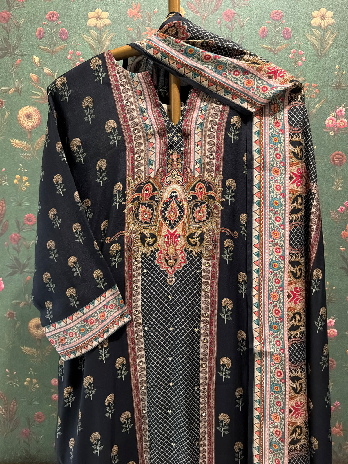 Black Printed Muslin Printed Suit Set