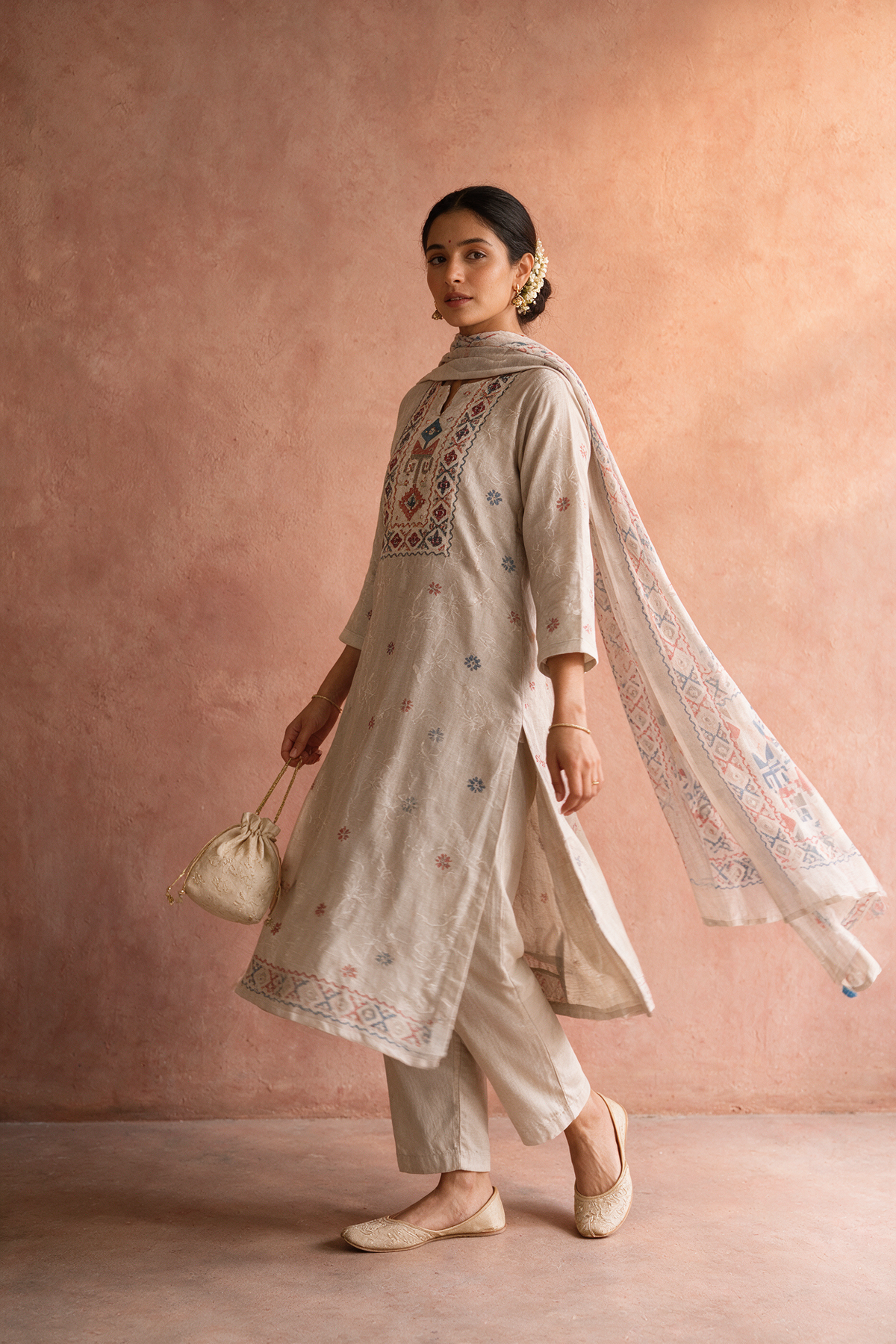 Warm Ivory Linen Embroidered Suit Set