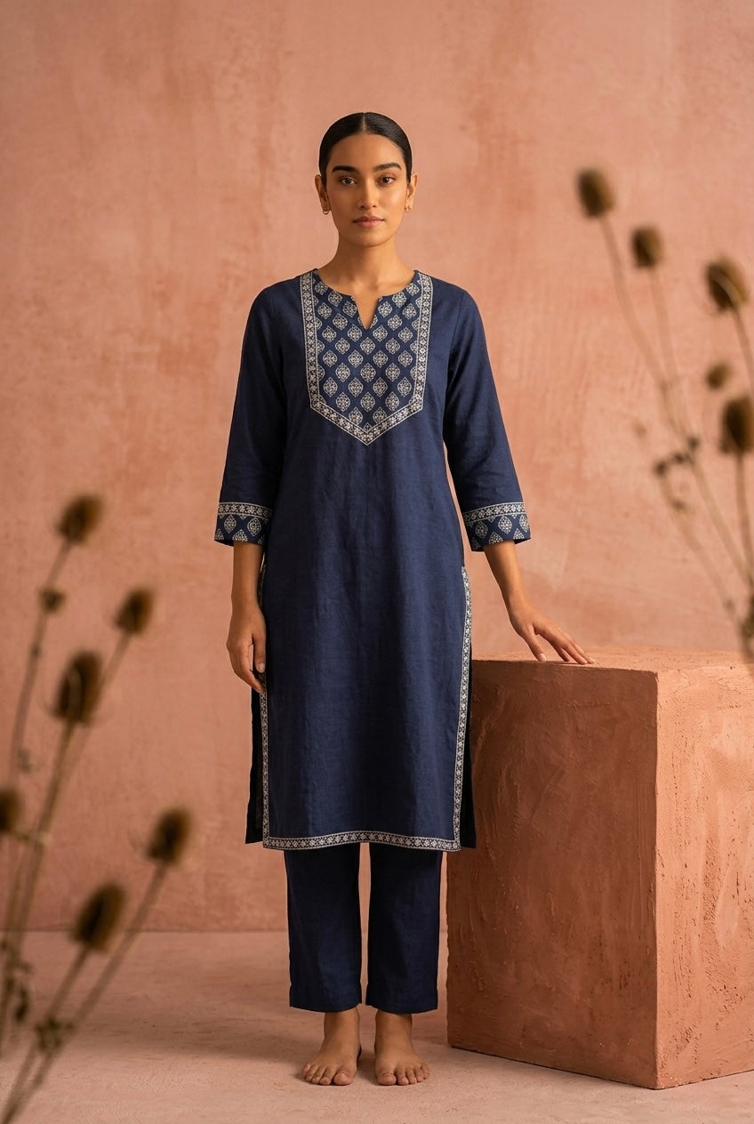 Blue Straight Fit Cotton Kurta Set | HER-491