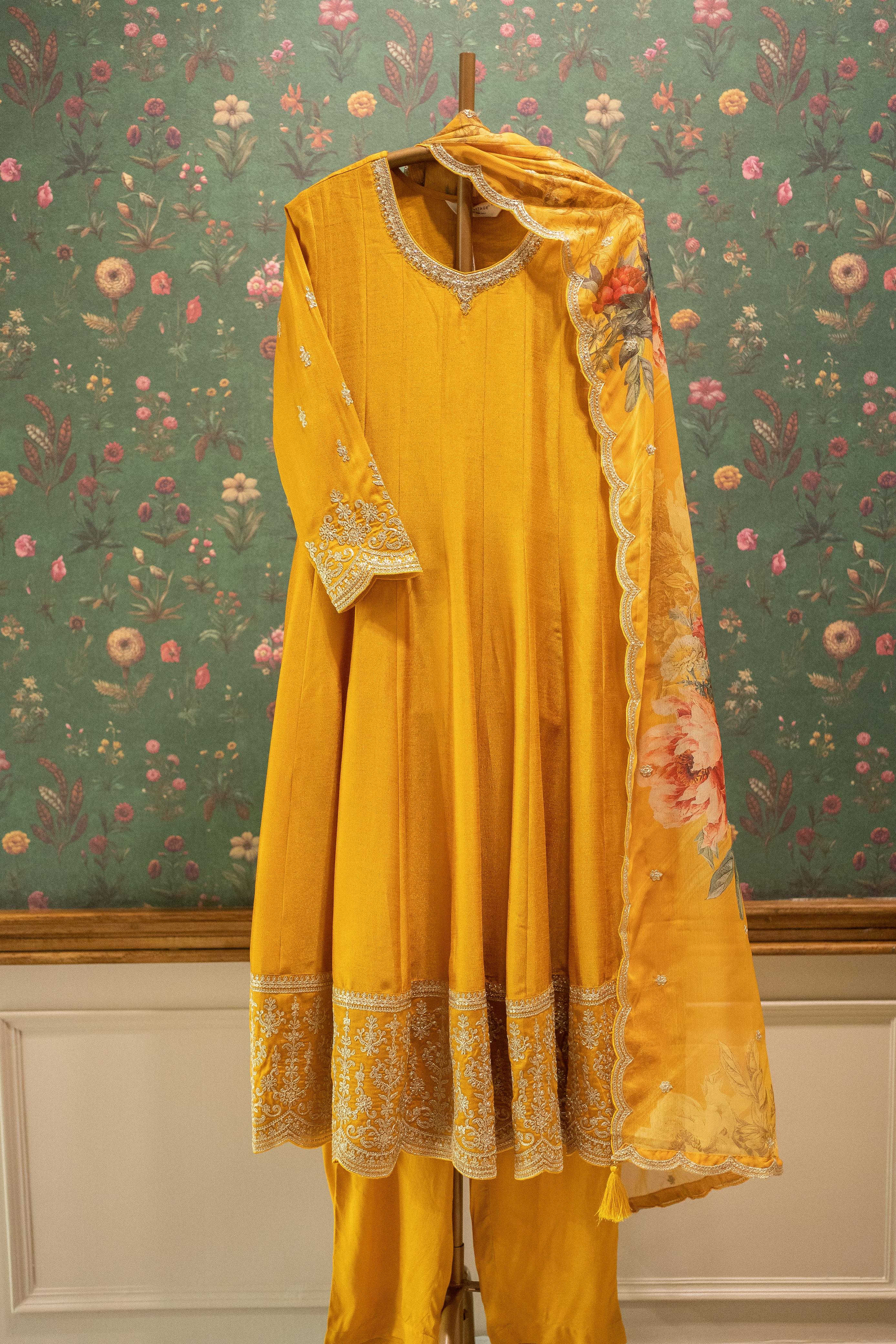 Ruhani Yellow Satin Silk Anarkali Suit Set with Floral Organza Dupatta | HER-560