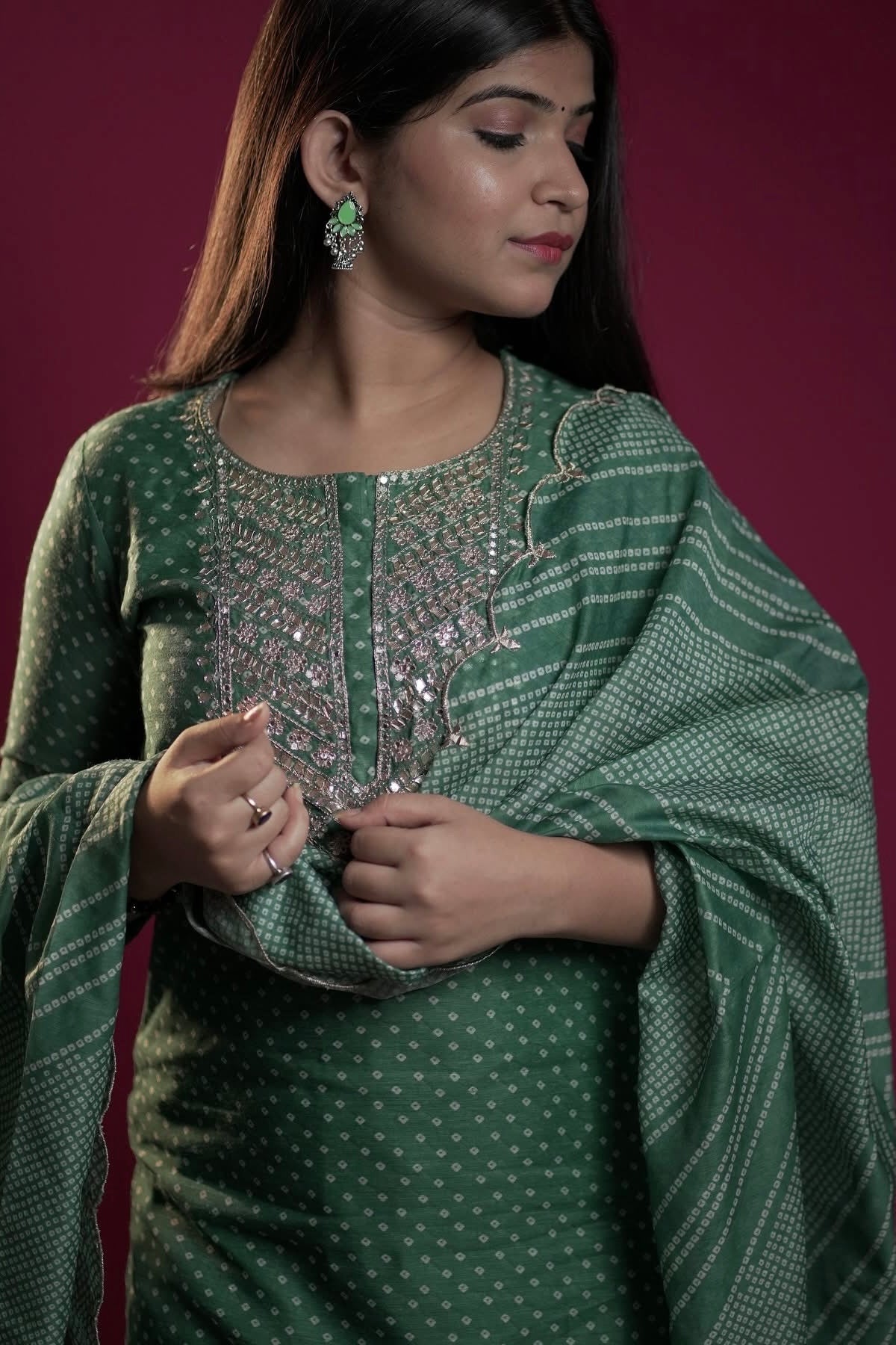 Teal Bandhani Chanderi Suit Set | HER-293