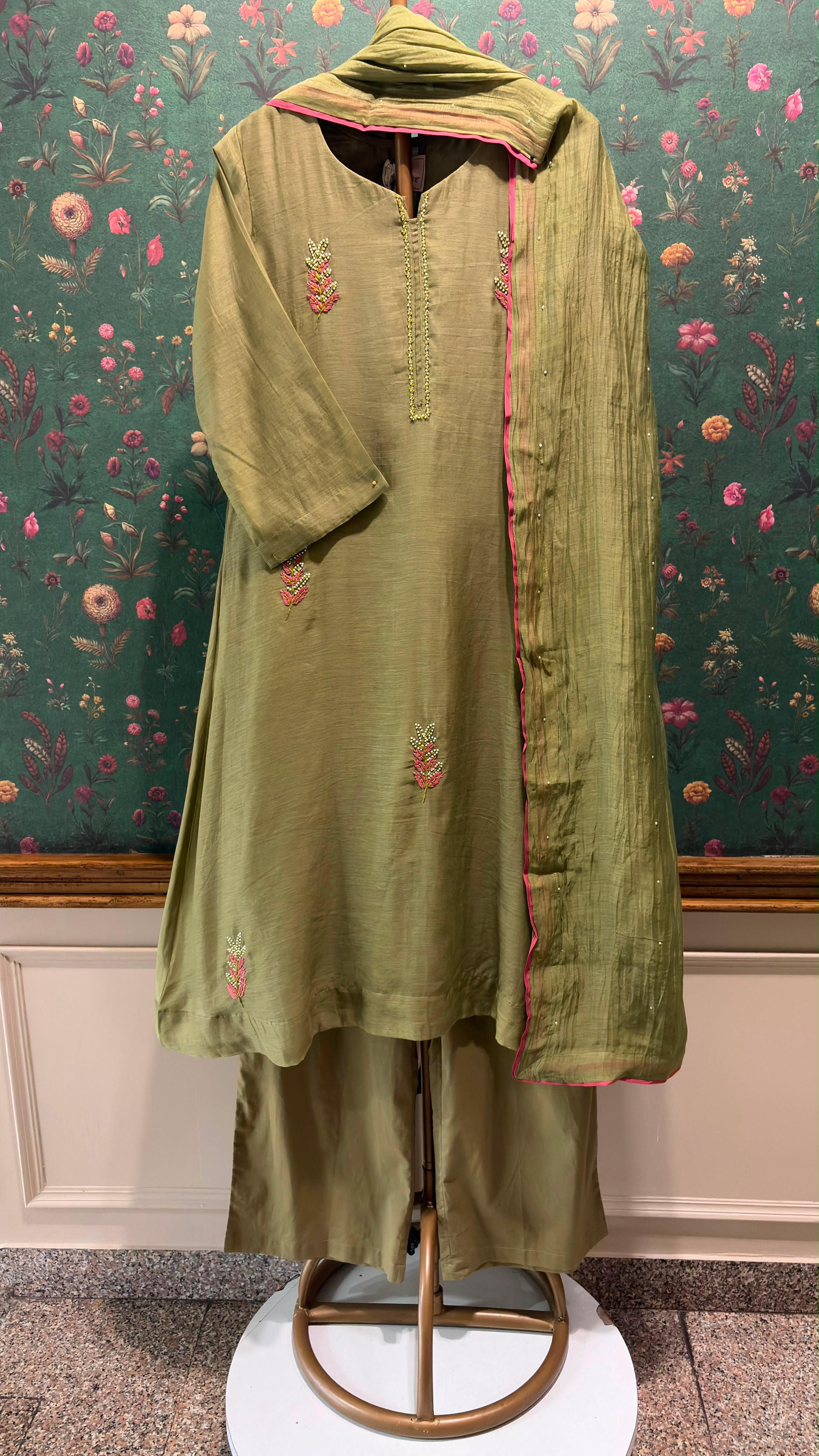 Olive Green Embellished Mul Chanderi A-Line Suit Set