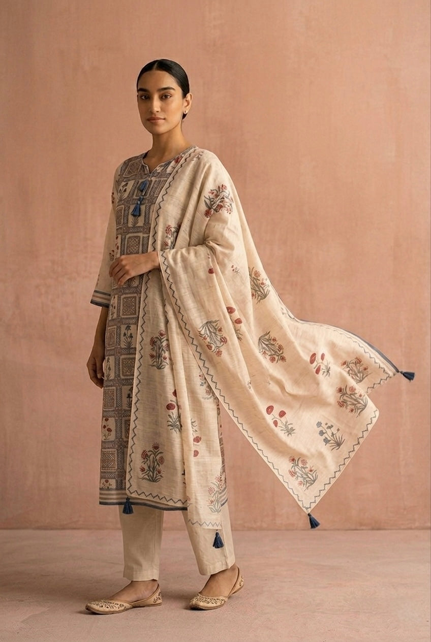 Warm Ivory Chanderi Printed Suit Set | HER-650