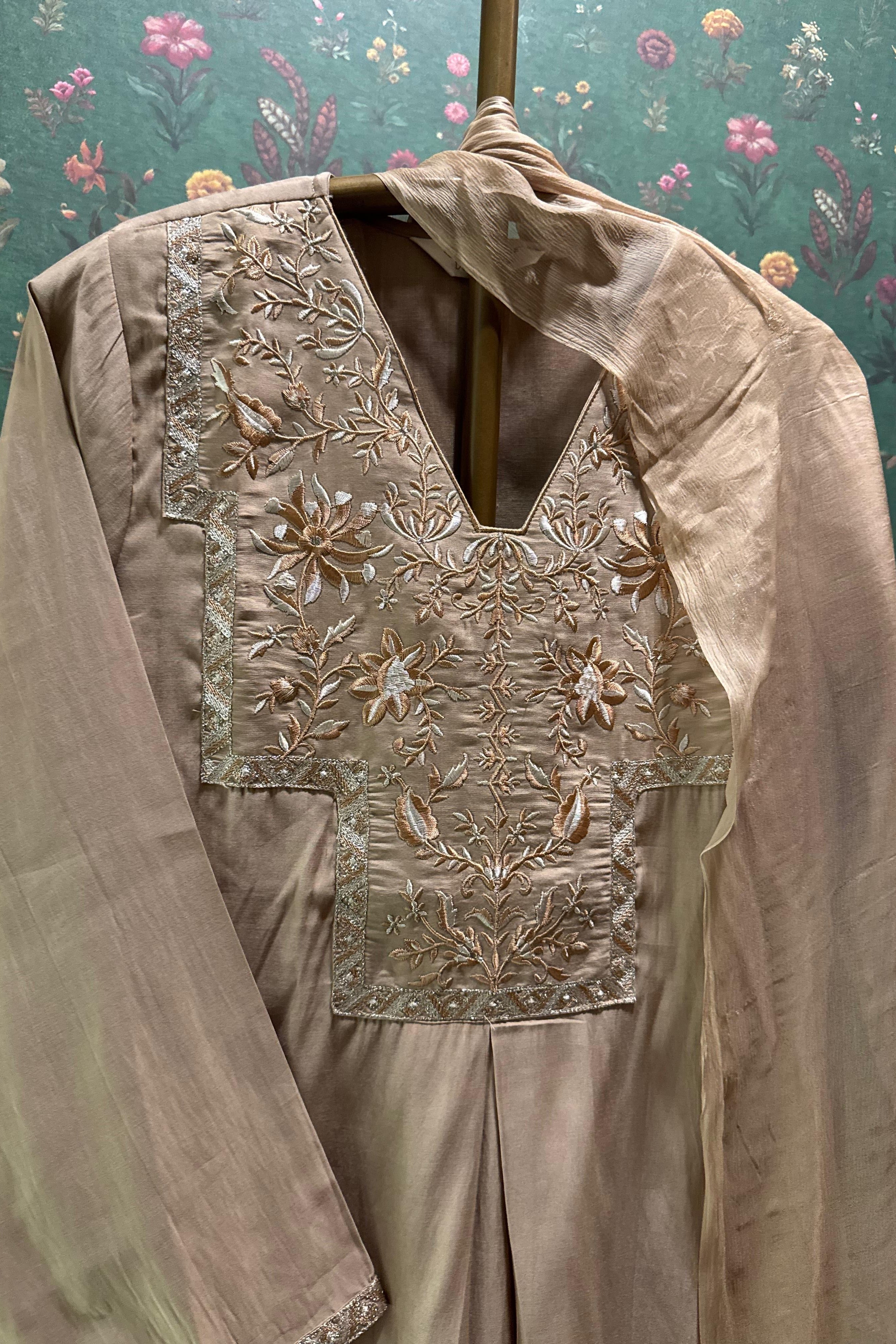 Saanjh Blush Nude Modal Silk Embroidered Suit Set | HER-554