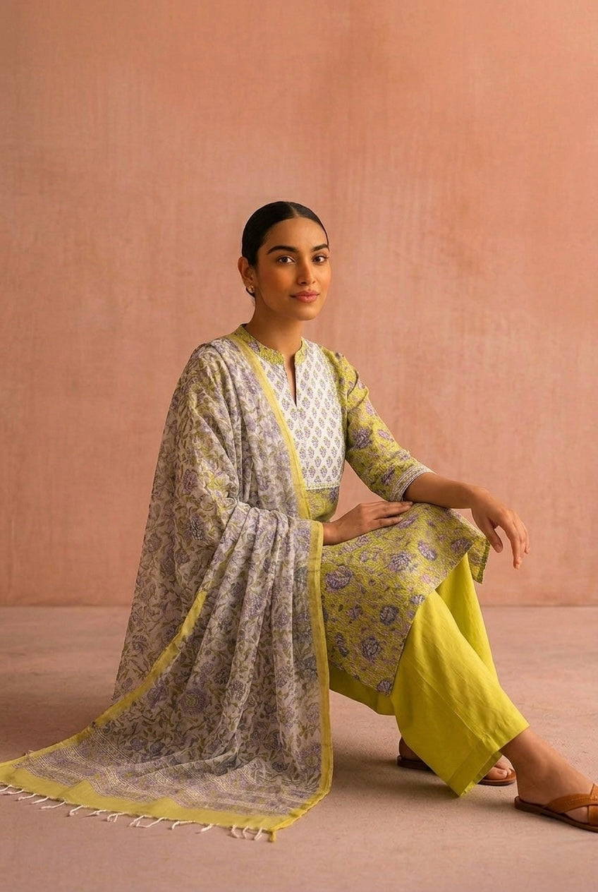 Lime Yellow Floral Printed Suit Set, with Kota Doria Dupatta | HER-752