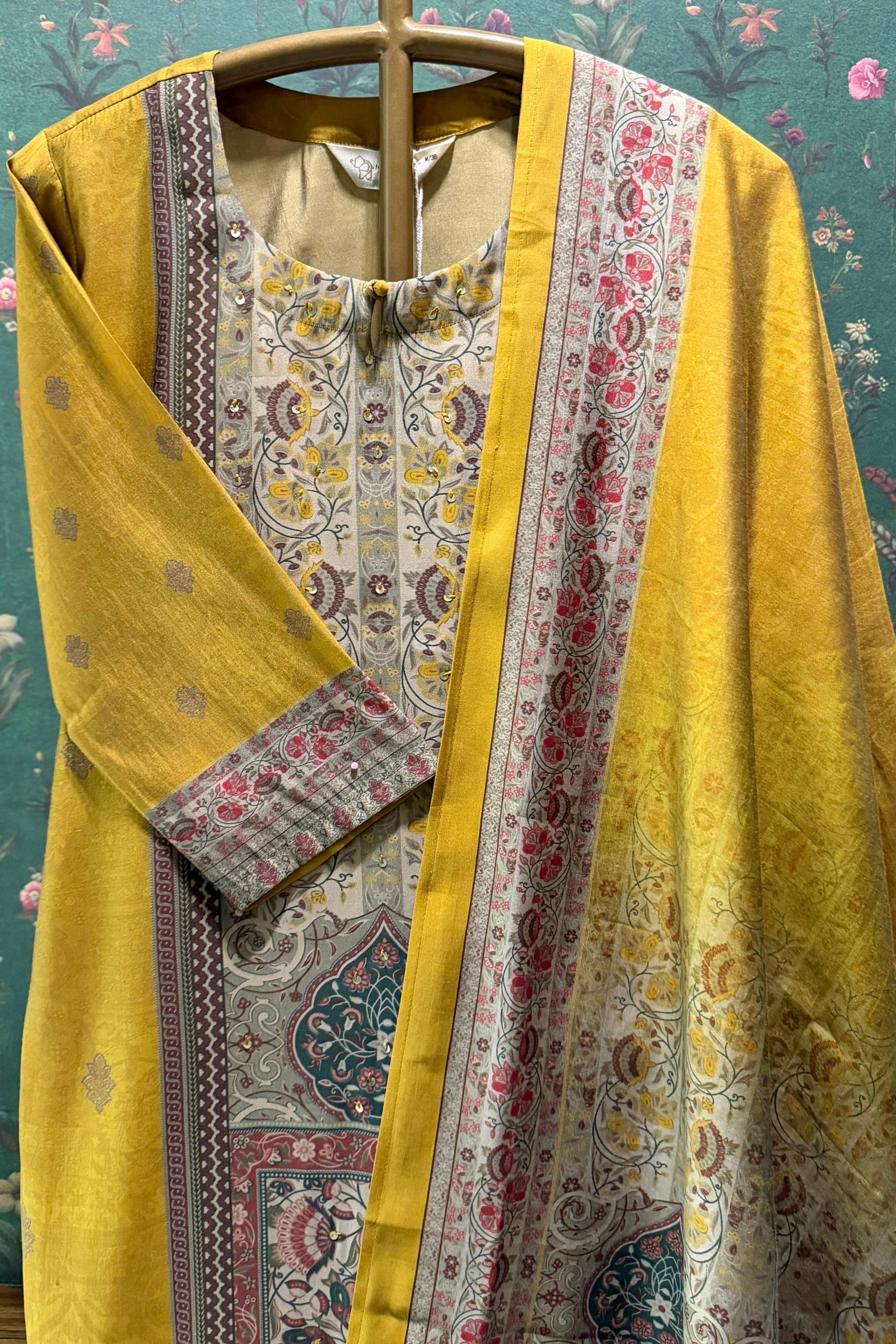 Mustard & Taupe Mughal Print Embellished Suit Set | HER-571