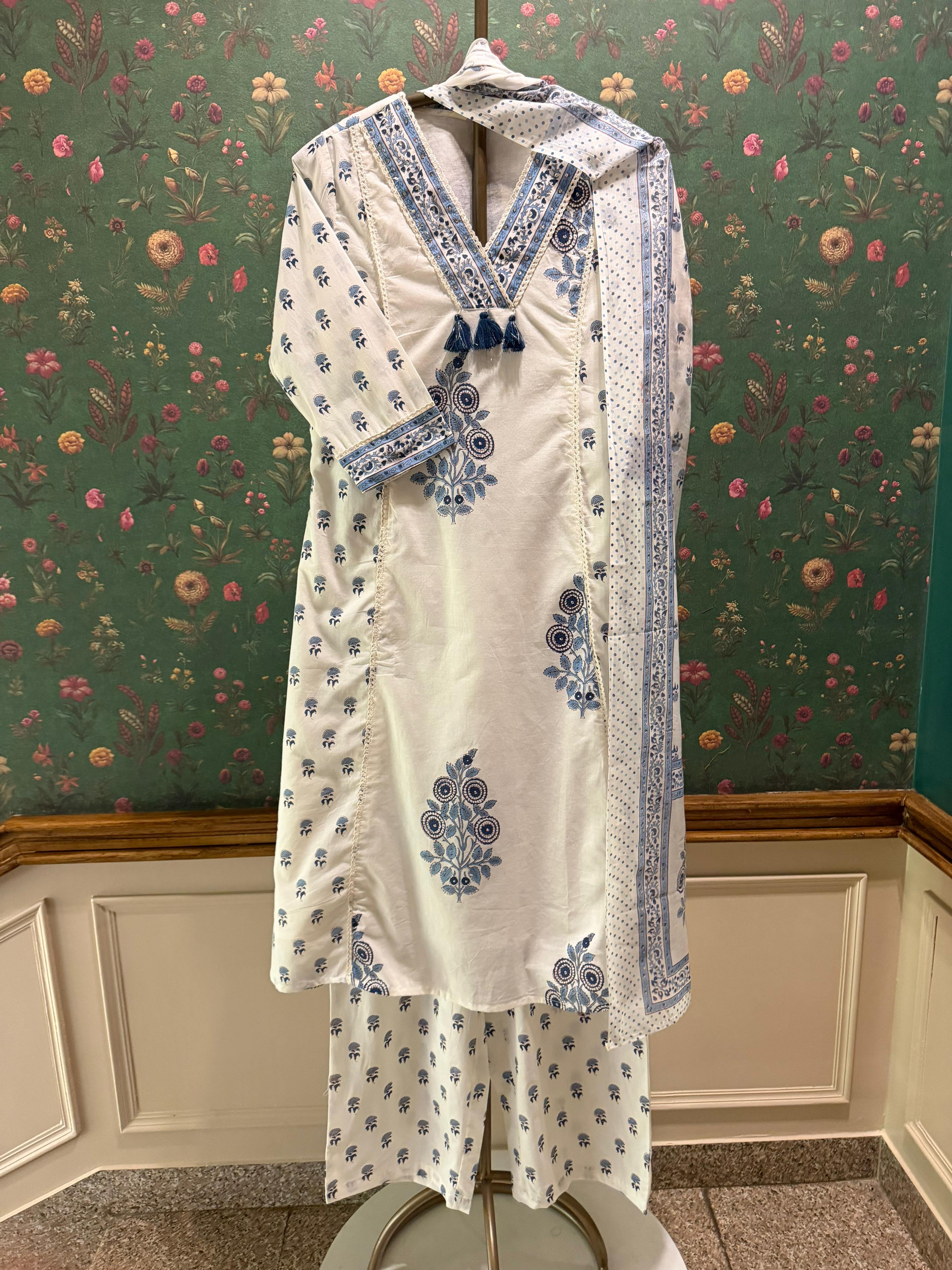 Ivory Blue Floral Printed A-Line Suit Set | HER-716