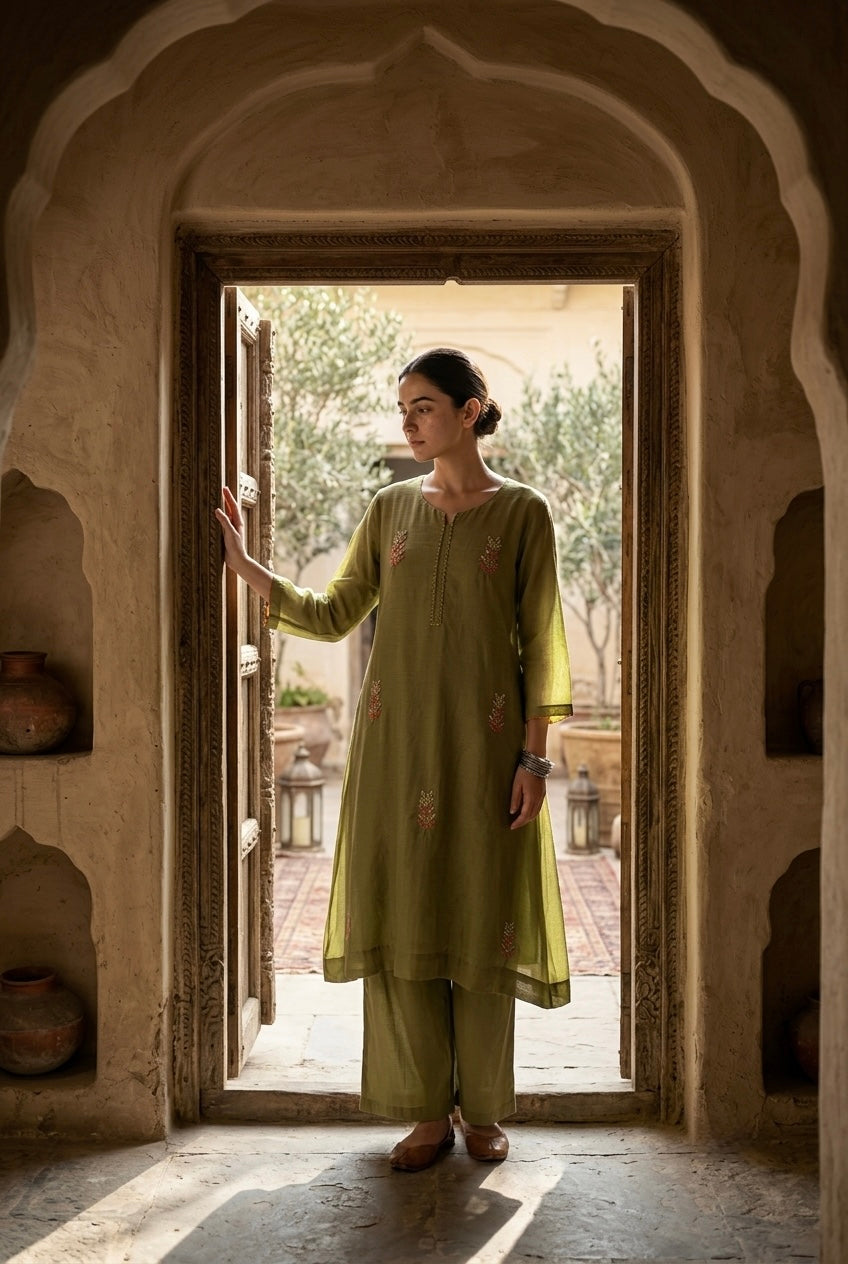 Olive Green Embellished Mul Chanderi A-Line Suit Set