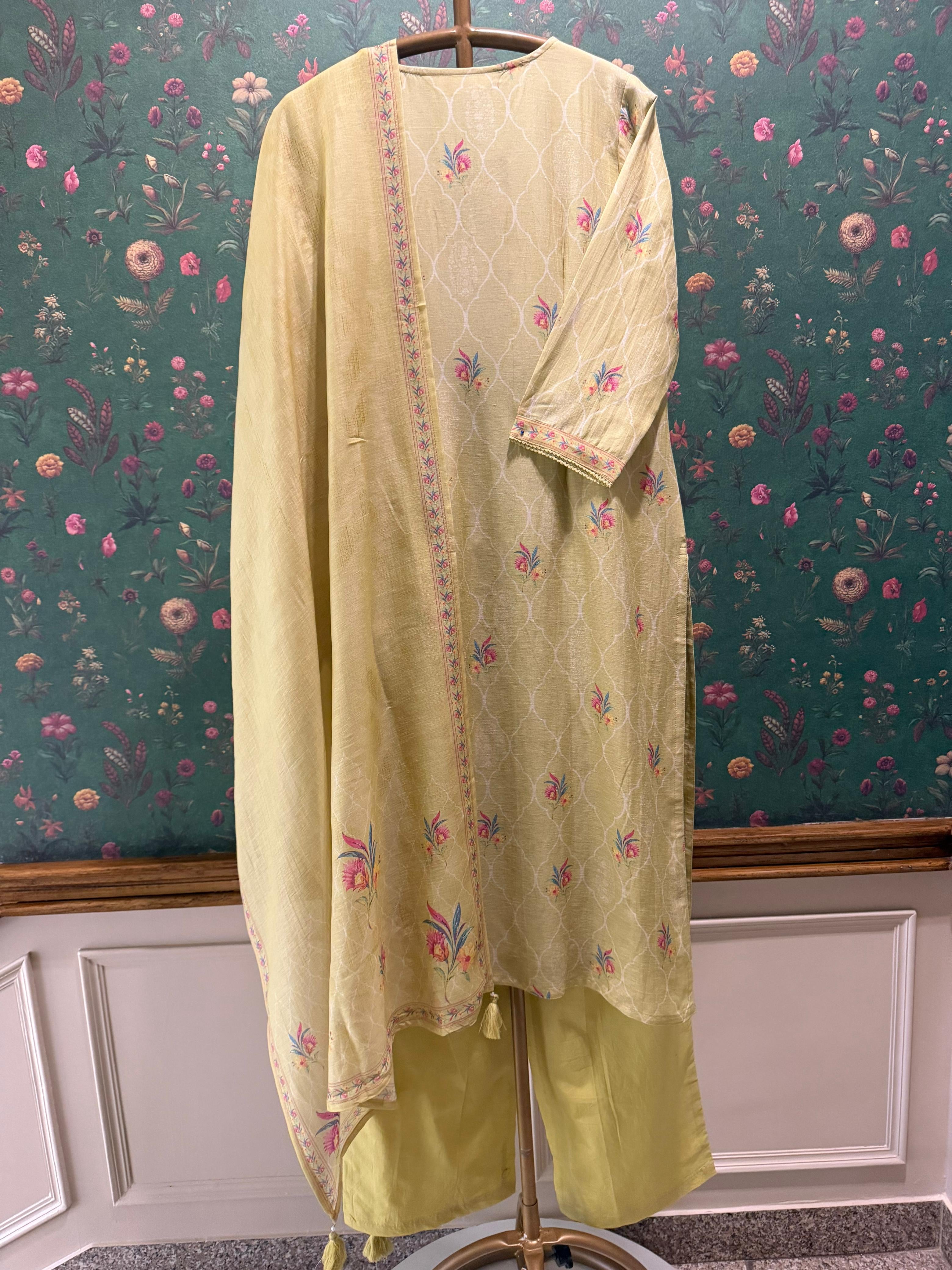 Lime Green Printed Cotton Linen Suit Set | HER-769