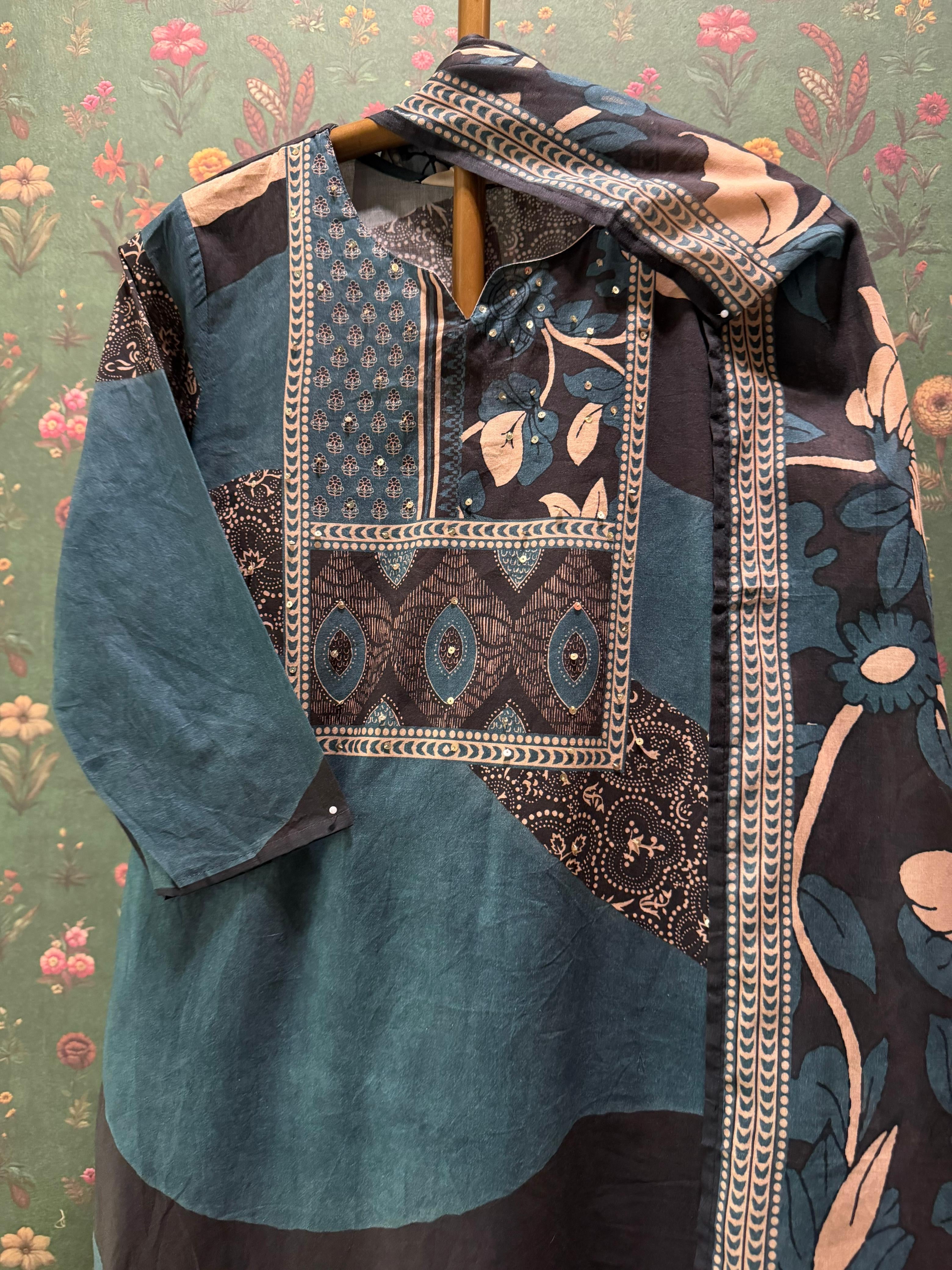 Blue Printed Cotton Suit Set | HER-700