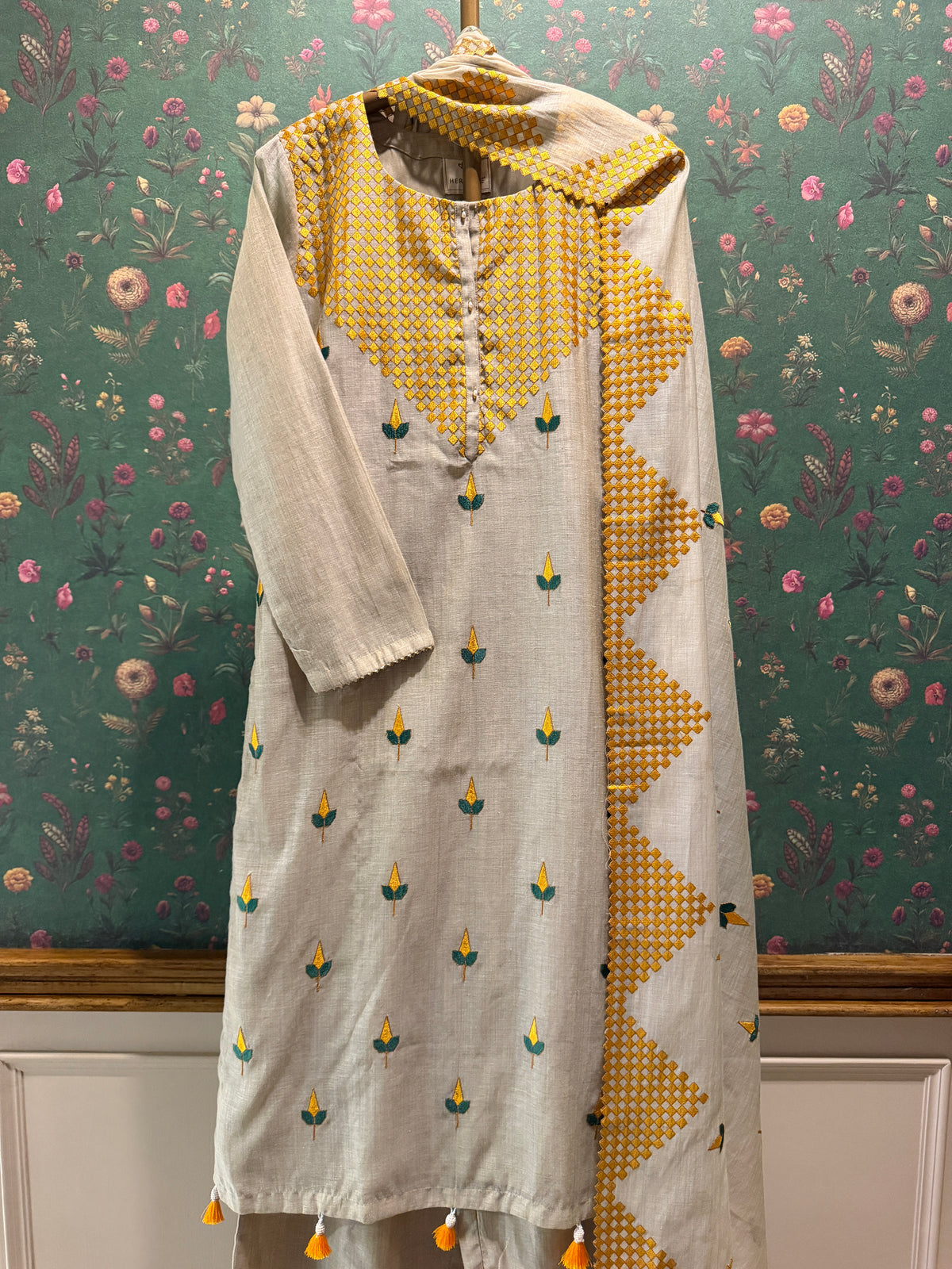 Ivory Beige and Mustard Yellow Embroidered Pure Chanderi Suit Set