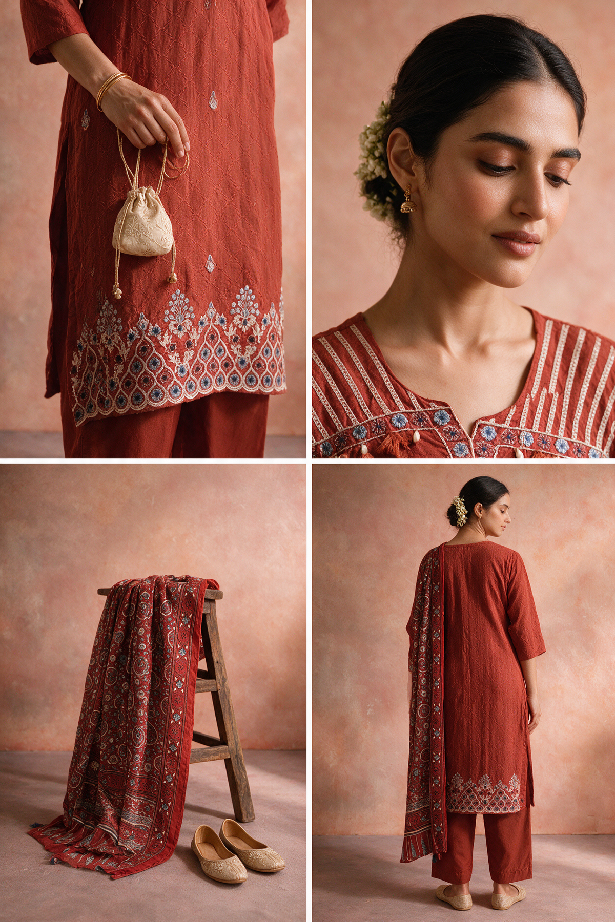 Rust Orange Embroidered Pure Cotton Suit Set