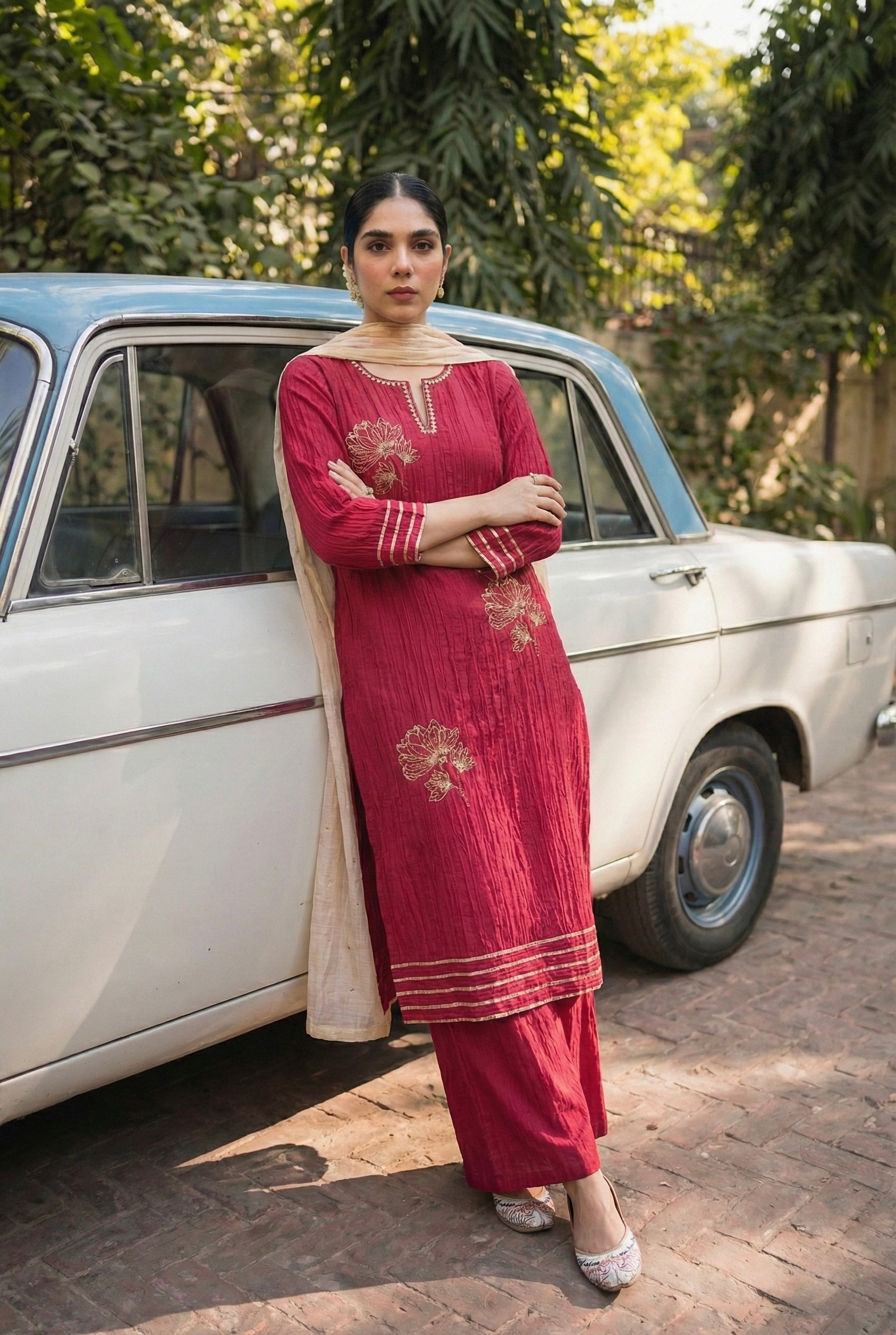 Gulbahaar Ruby Red Embroidered Suit Set | HER-624 PINK