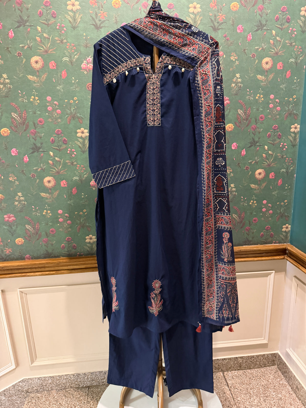 Navy Blue Embroidered Pure Cotton Suit Set
