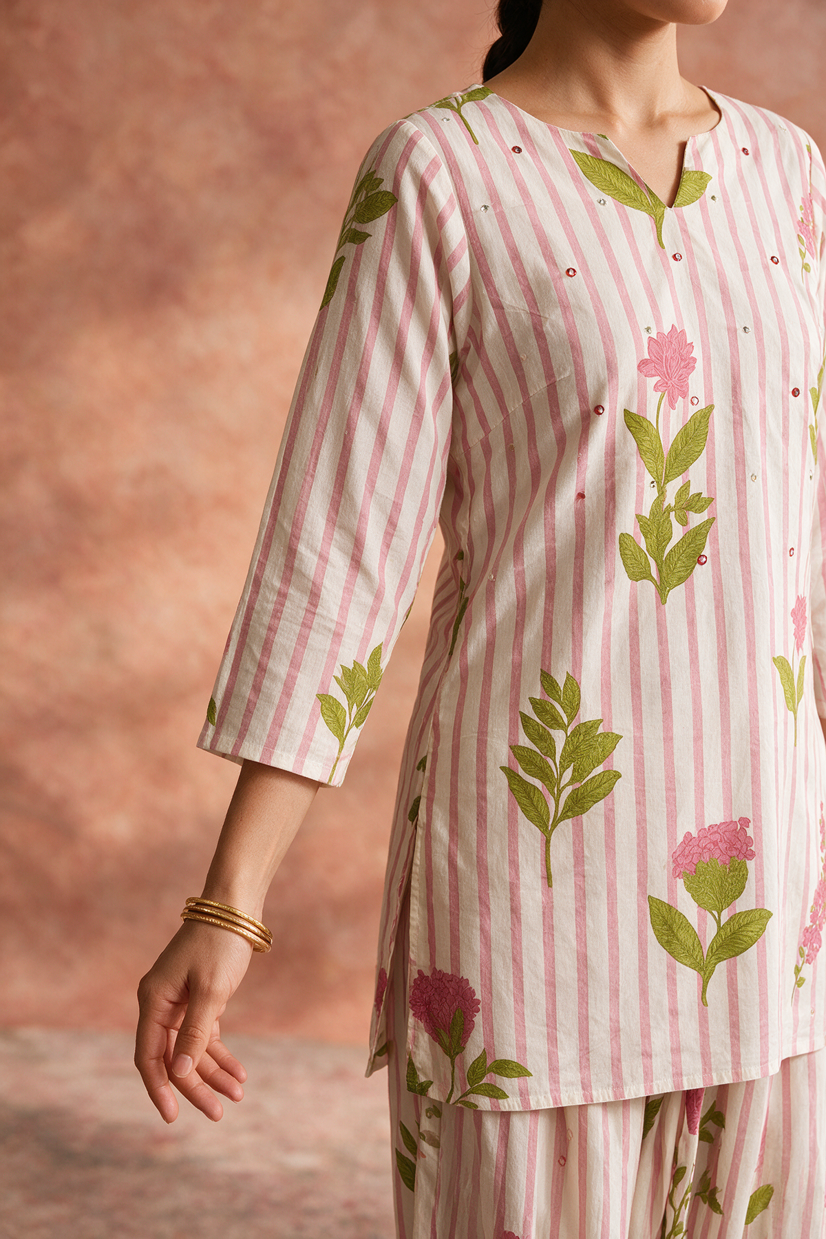 Pink Stripe Floral Kurta Set