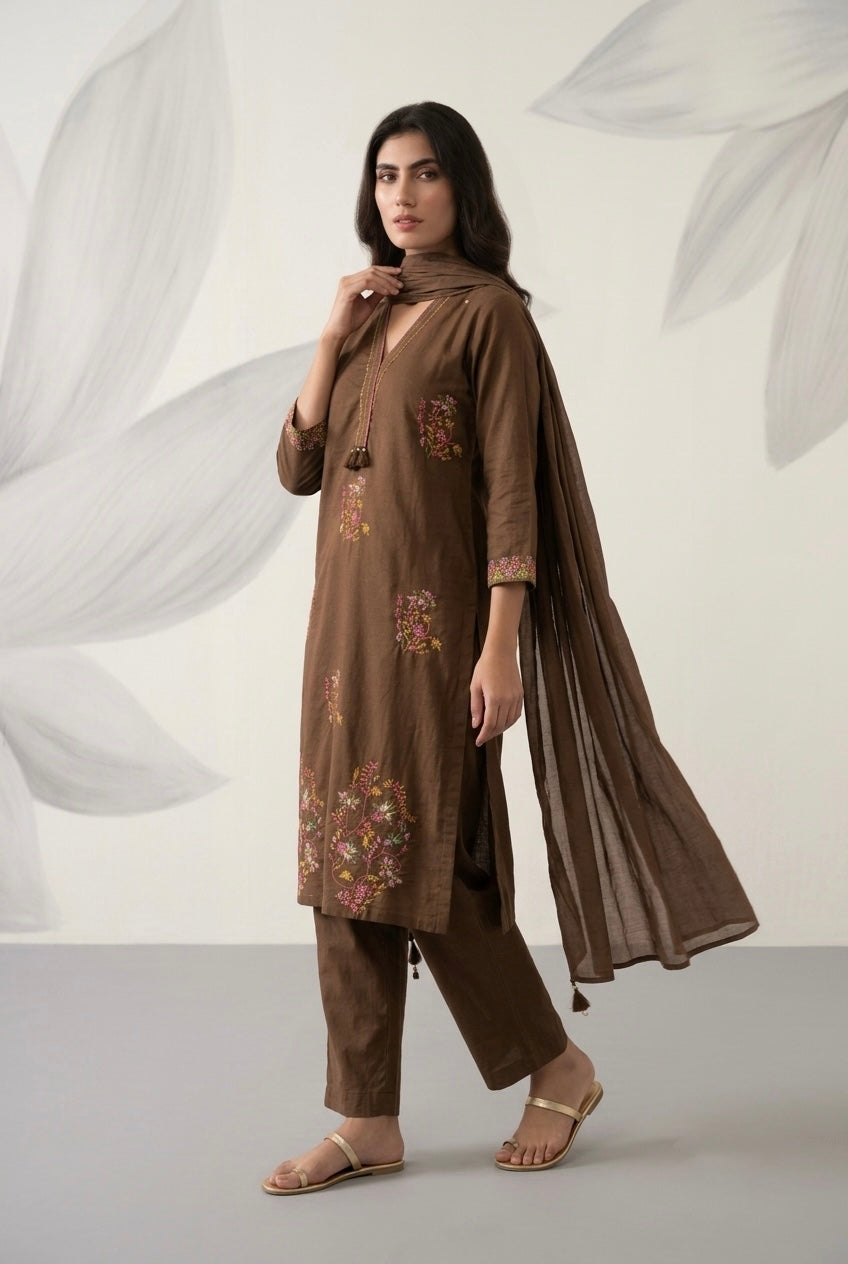 Cocoa Brown Embroidered Cotton Suit Set | HER-697