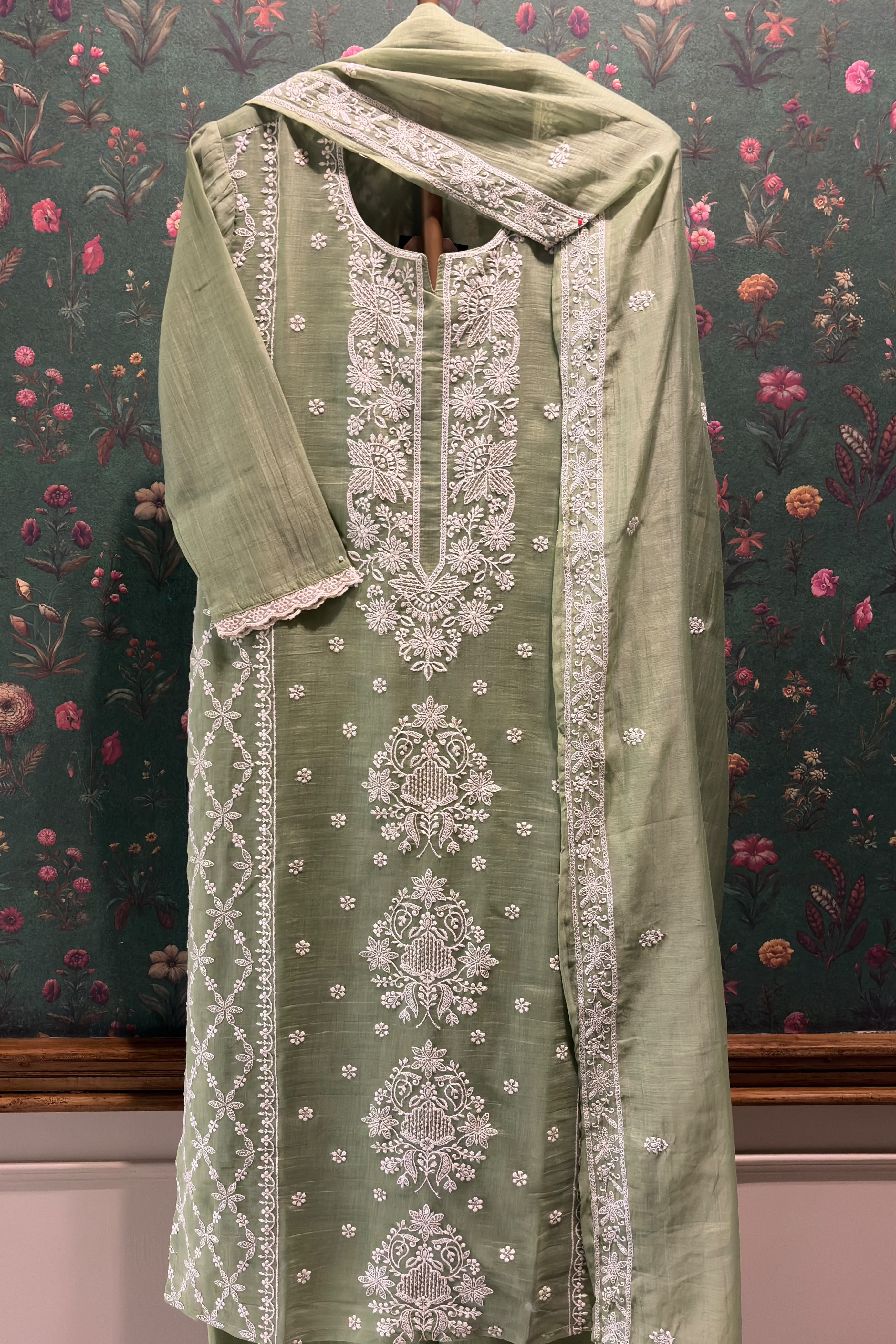Pistachio Green Embroidered Mul-Chanderi Suit Set