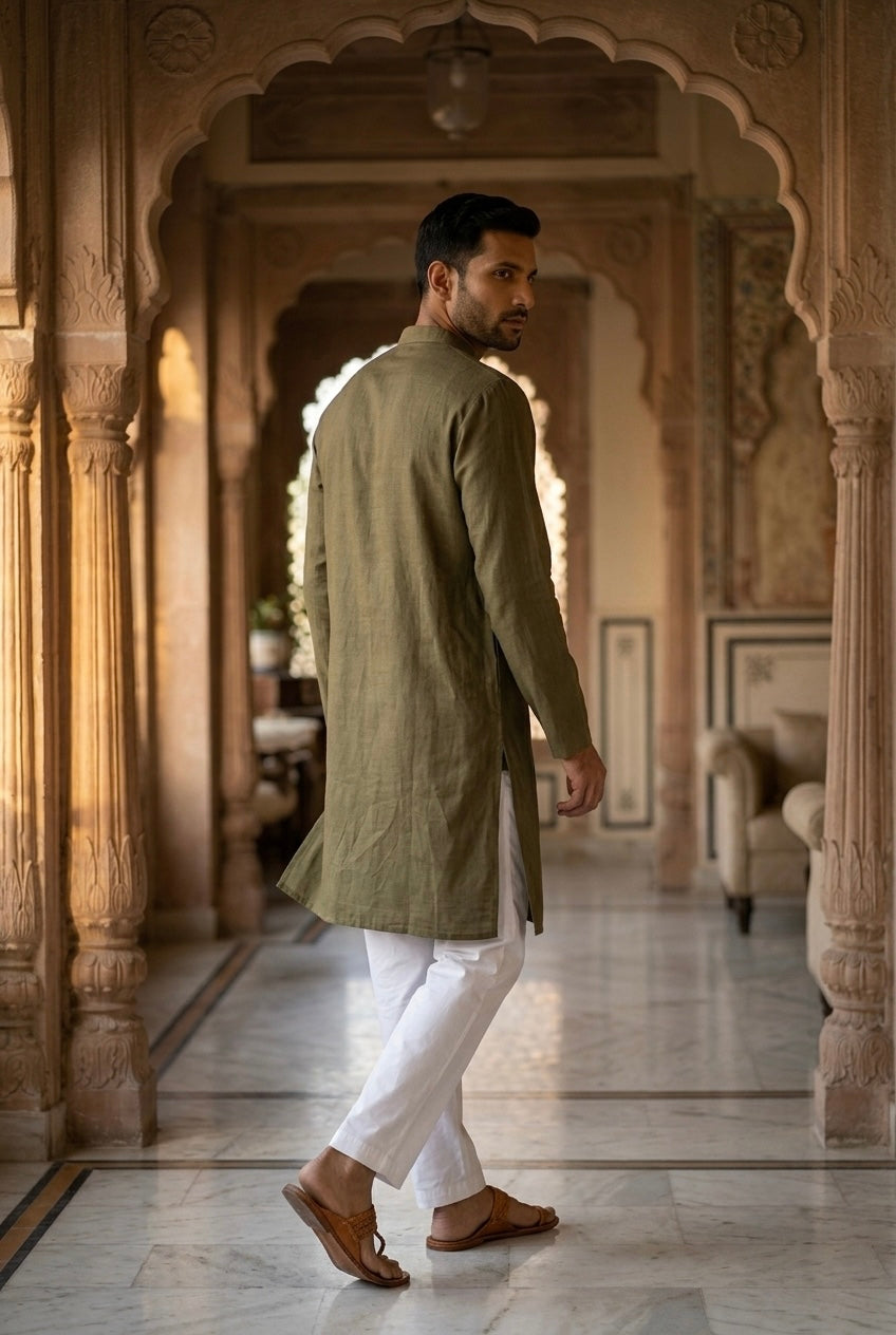 Men’s Pure Linen Kurta Pajama Set – Olive Green