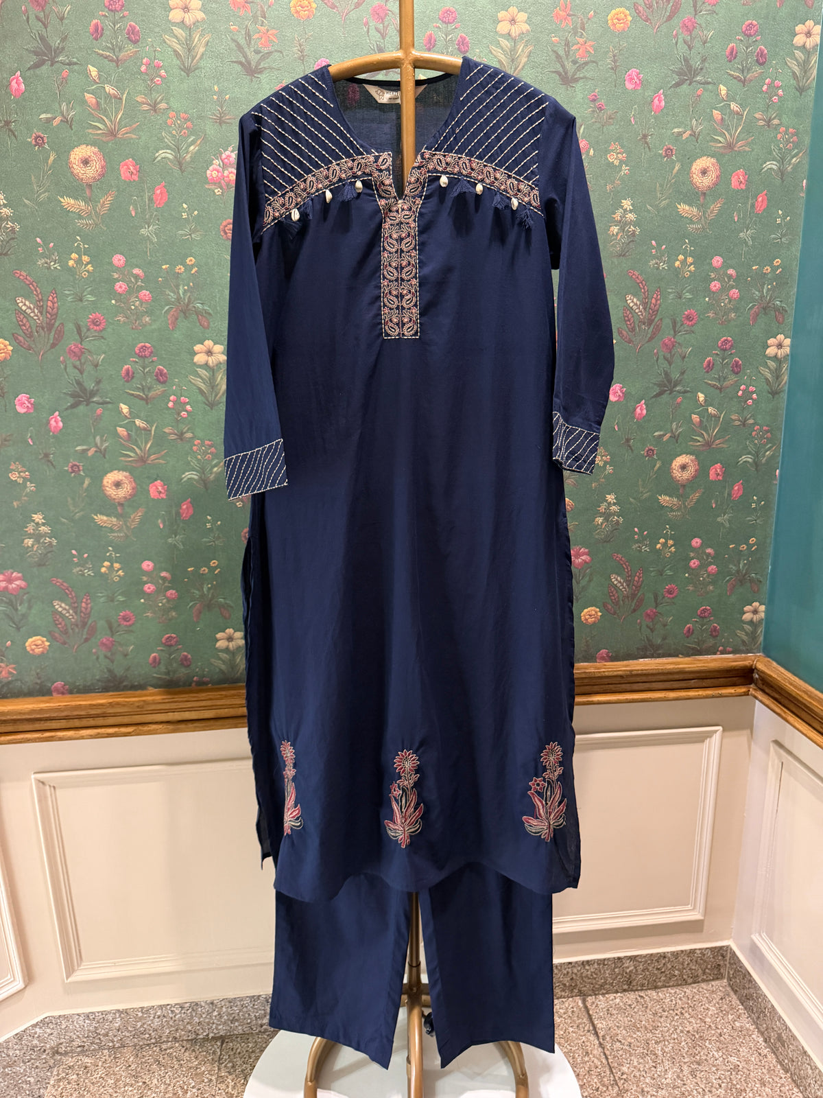 Navy Blue Embroidered Pure Cotton Suit Set