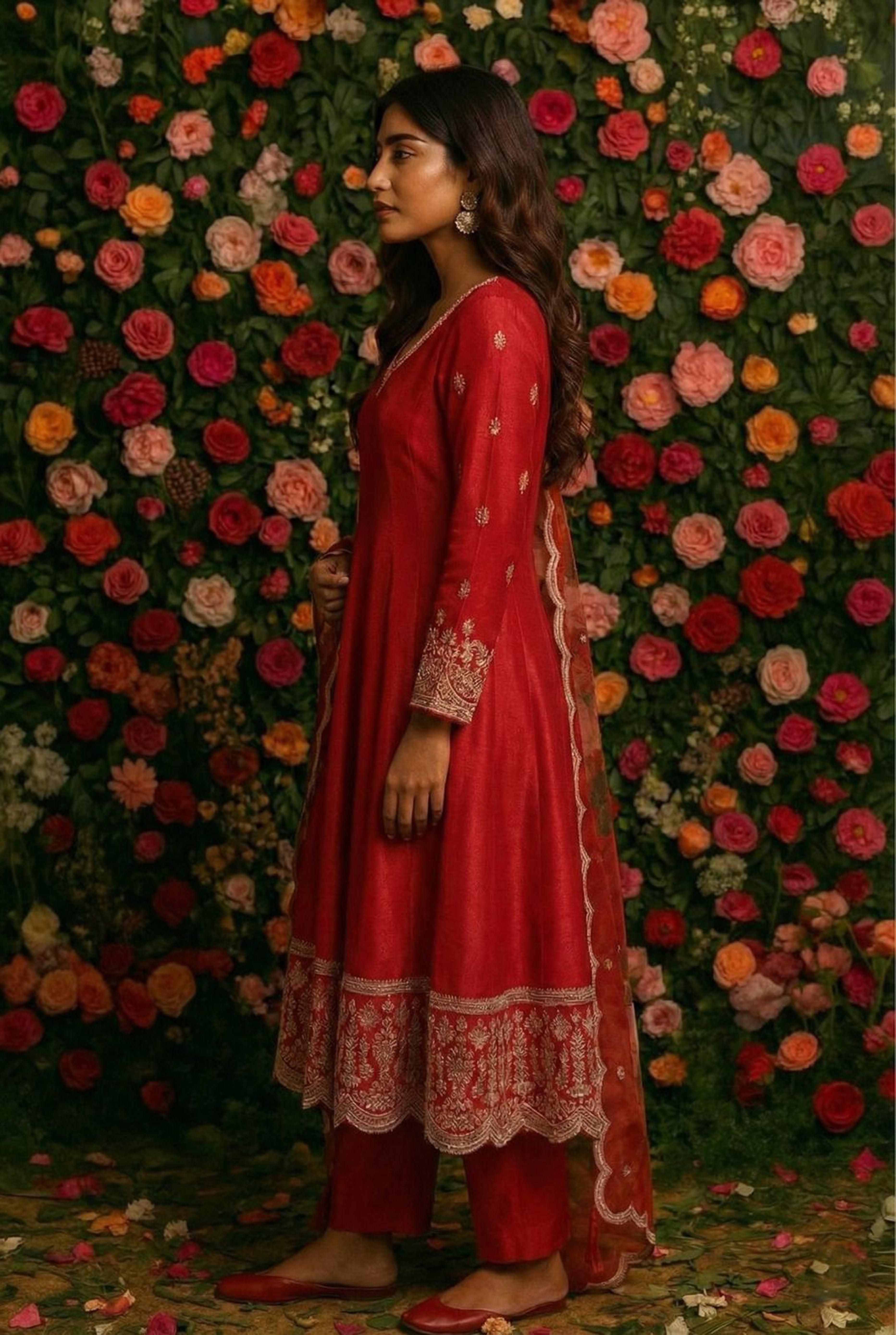 Ruhani Red Satin Silk Suit Set with Golden Embroidery & Floral Organza Dupatta | HER-560