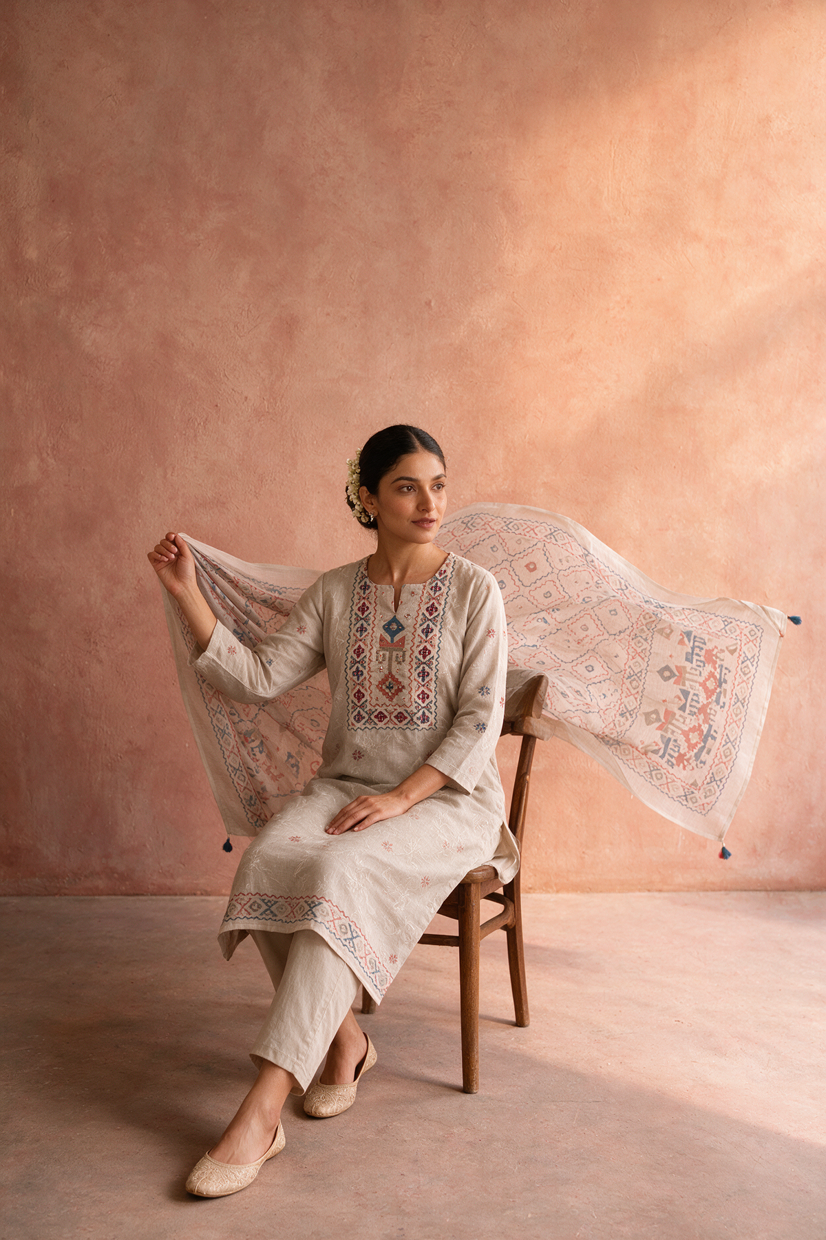 Warm Ivory Linen Embroidered Suit Set