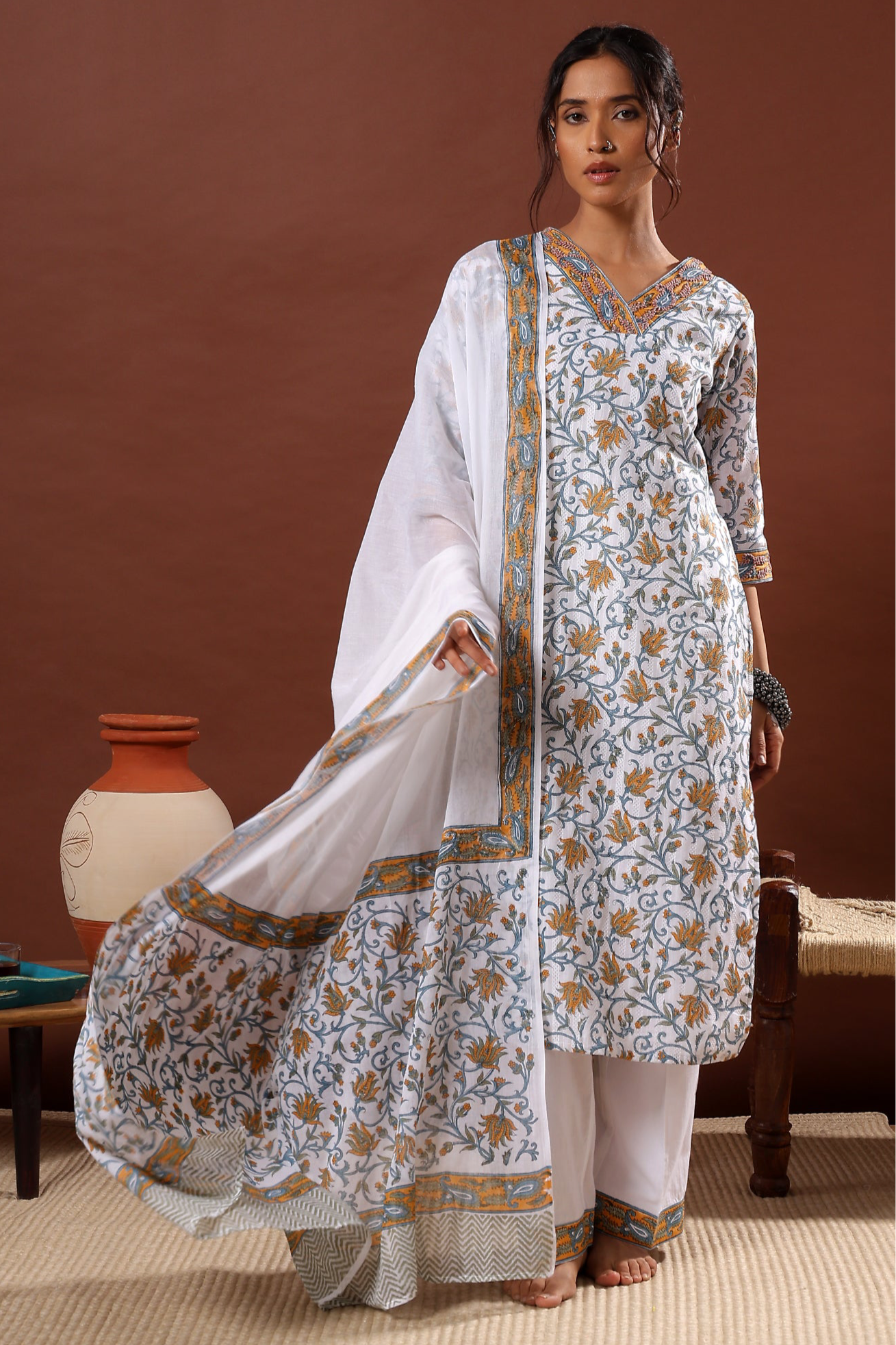 Gulnar Handblock Cotton Suit Set – White & Mustard