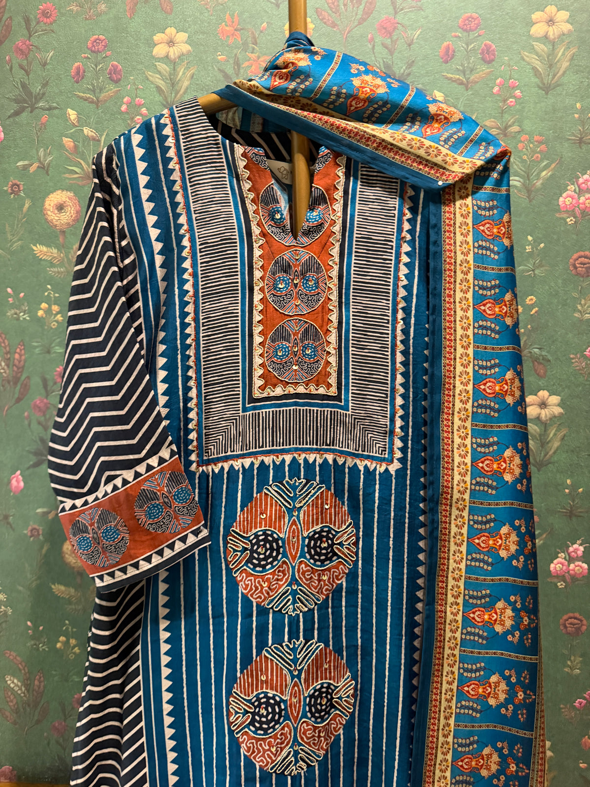 Indigo Motif Printed Muslin Suit Set