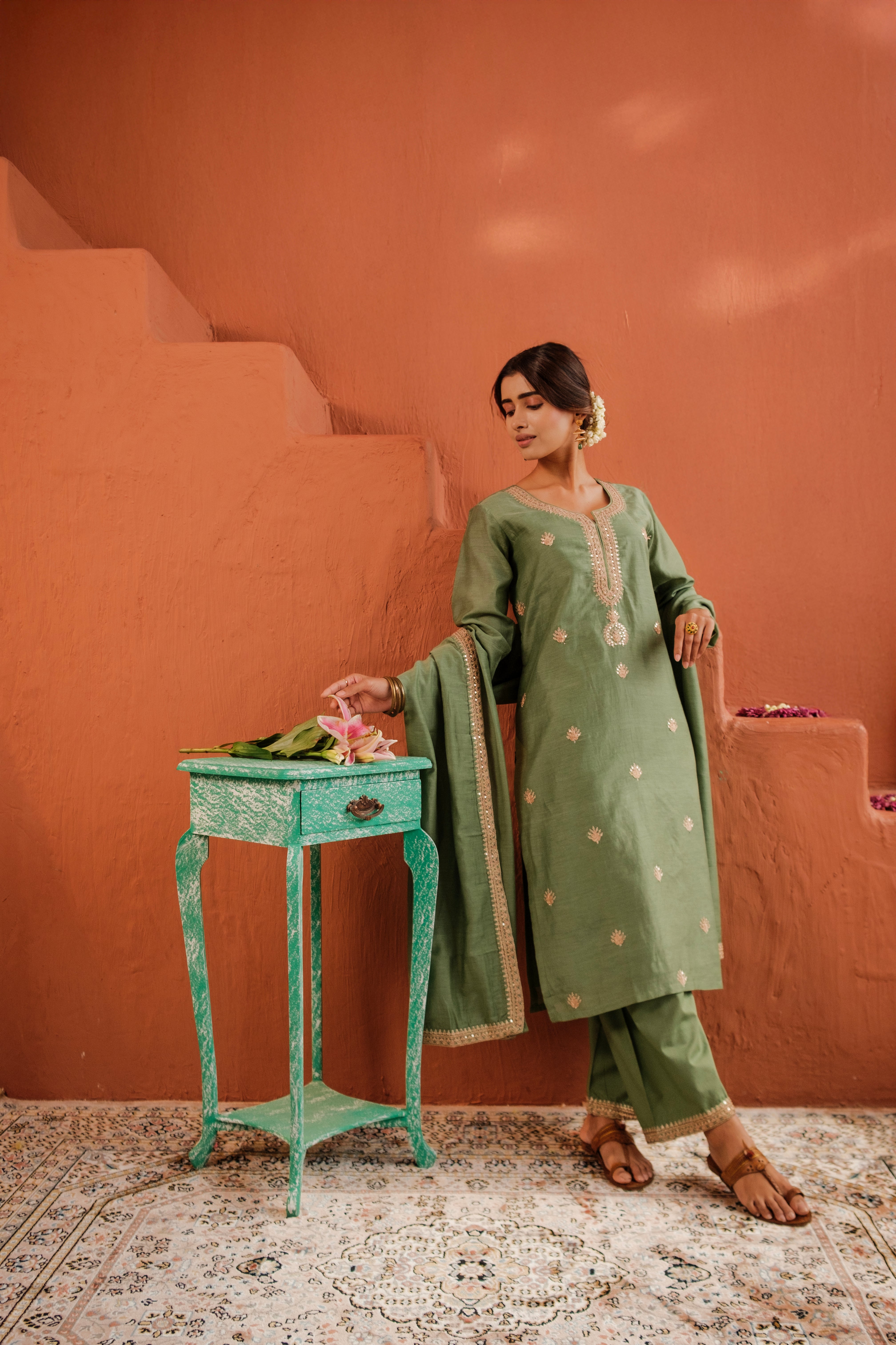 Aafreen Sage Green Mul Chanderi Embroidered Suit Set | HER-543