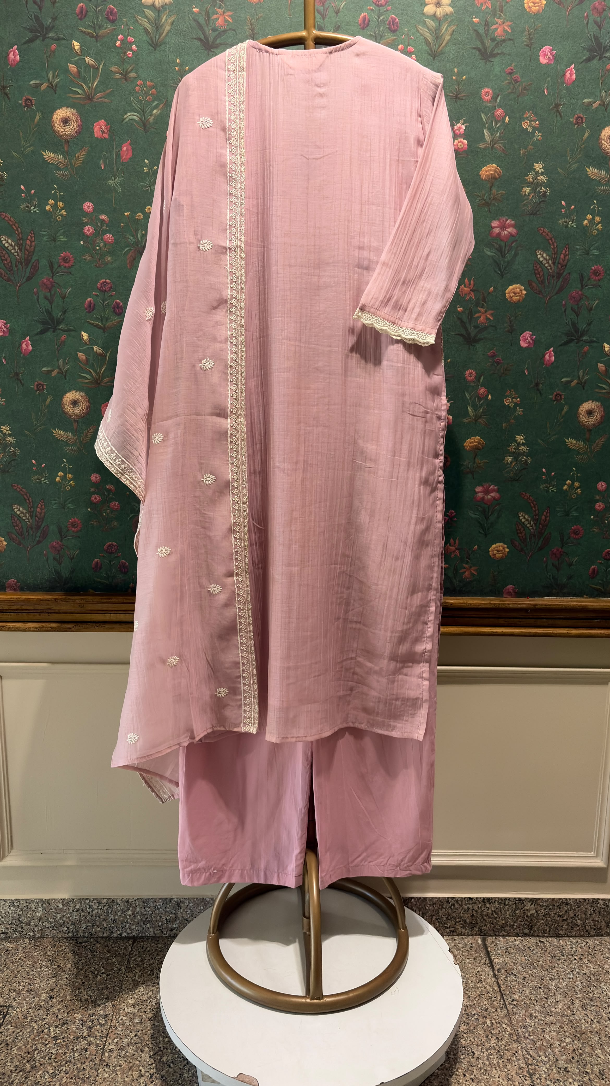 Rose Pink Embroidered Mul-Chanderi Suit Set | HER-786