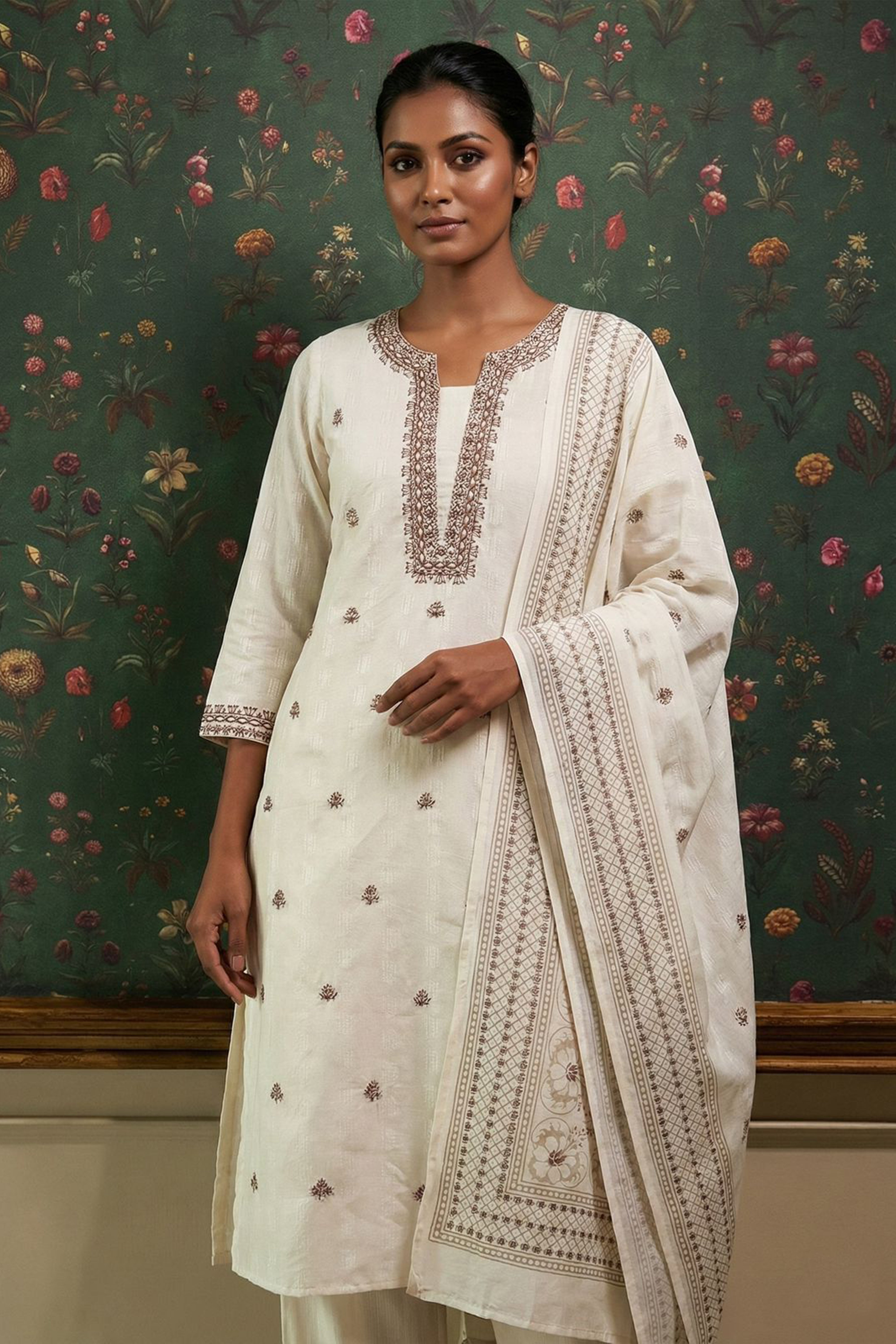 Cream Cotton Straight Fit Suit Set (with Pants and Dupatta)
