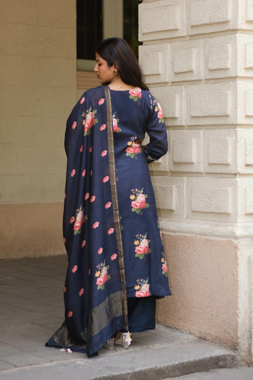 Twilight Black Floral Chanderi A-Line Suit Set x Celina | HER-607