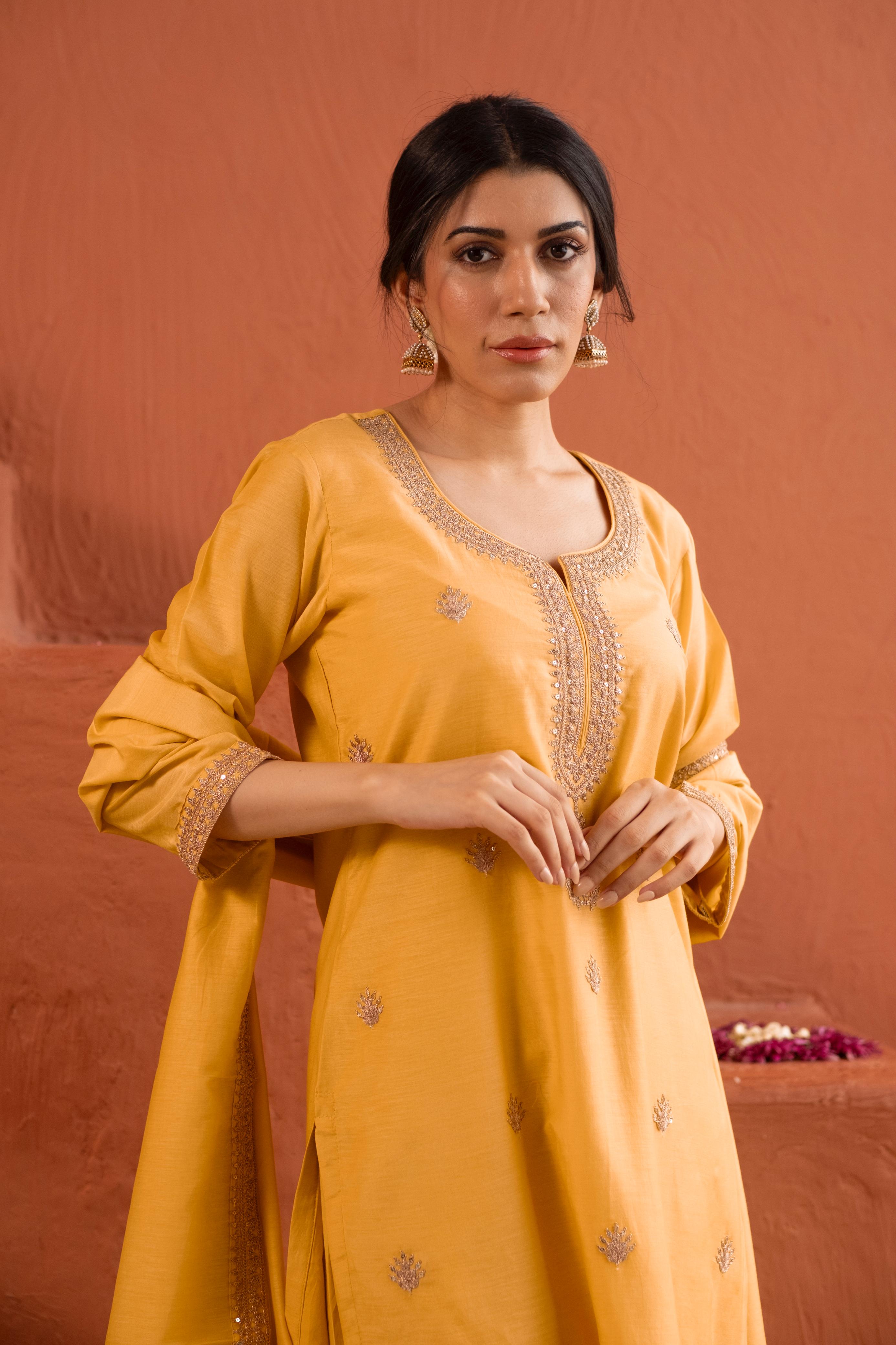 Aafreen Yellow Mul Chanderi Embroidered Suit Set | HER-543