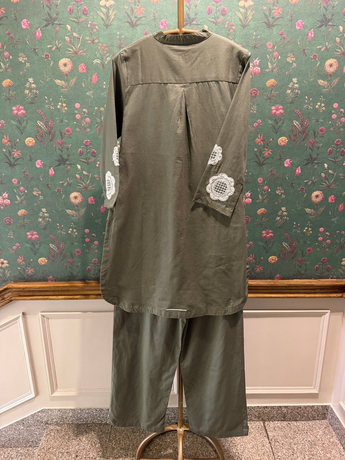 Olive Green Appliqué Khadi Cotton Kurta/Co-ord Set