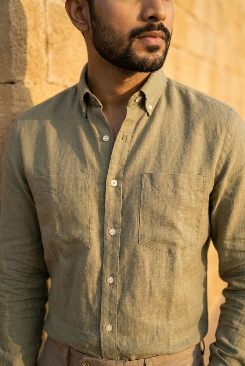 Men’s Sage Olive Green Pure Linen Full Sleeves Shirt