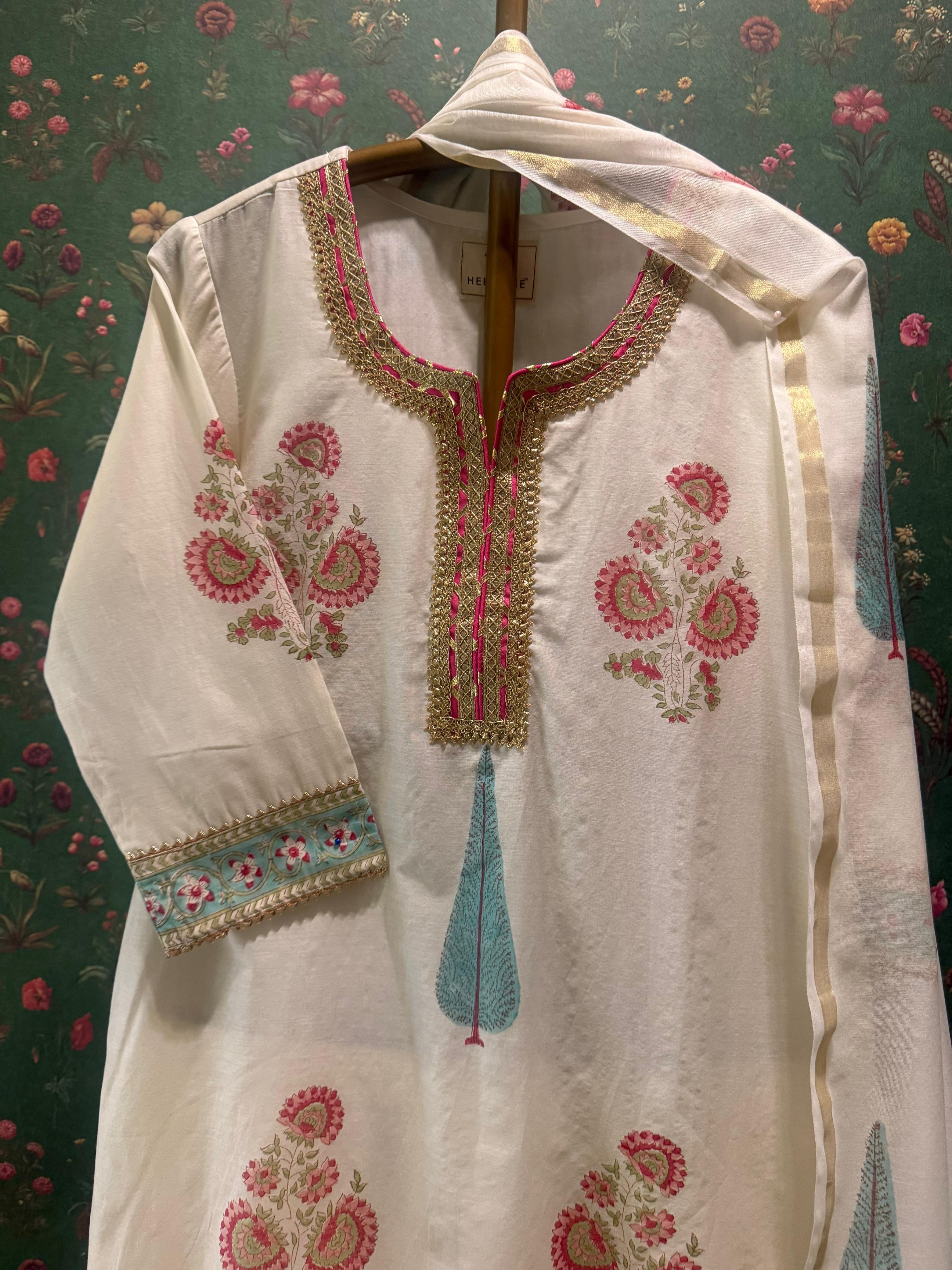 Ivory White Floral Printed Chanderi Suit Set | HER-757