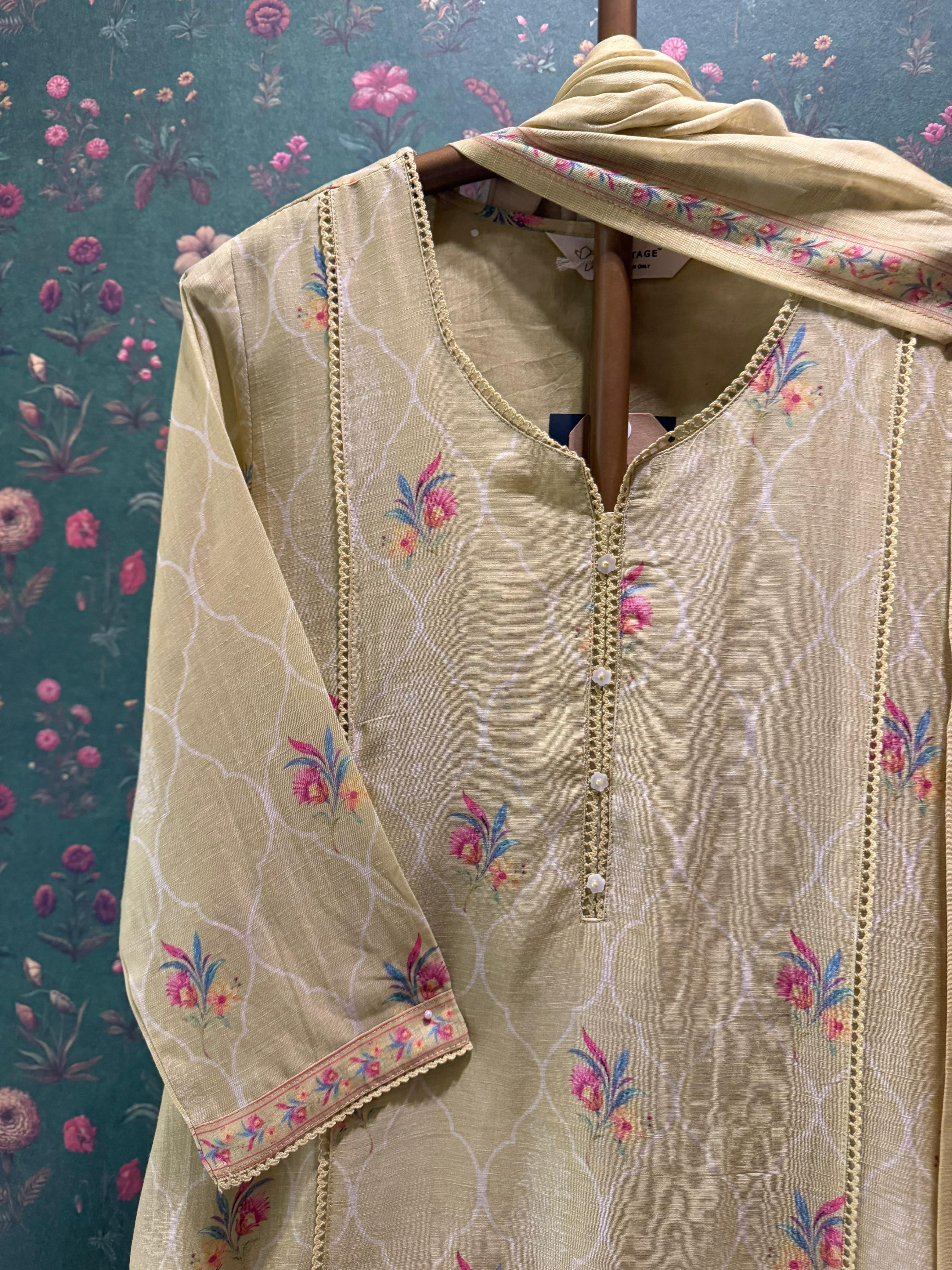 Lime Green Printed Cotton Linen Suit Set | HER-769