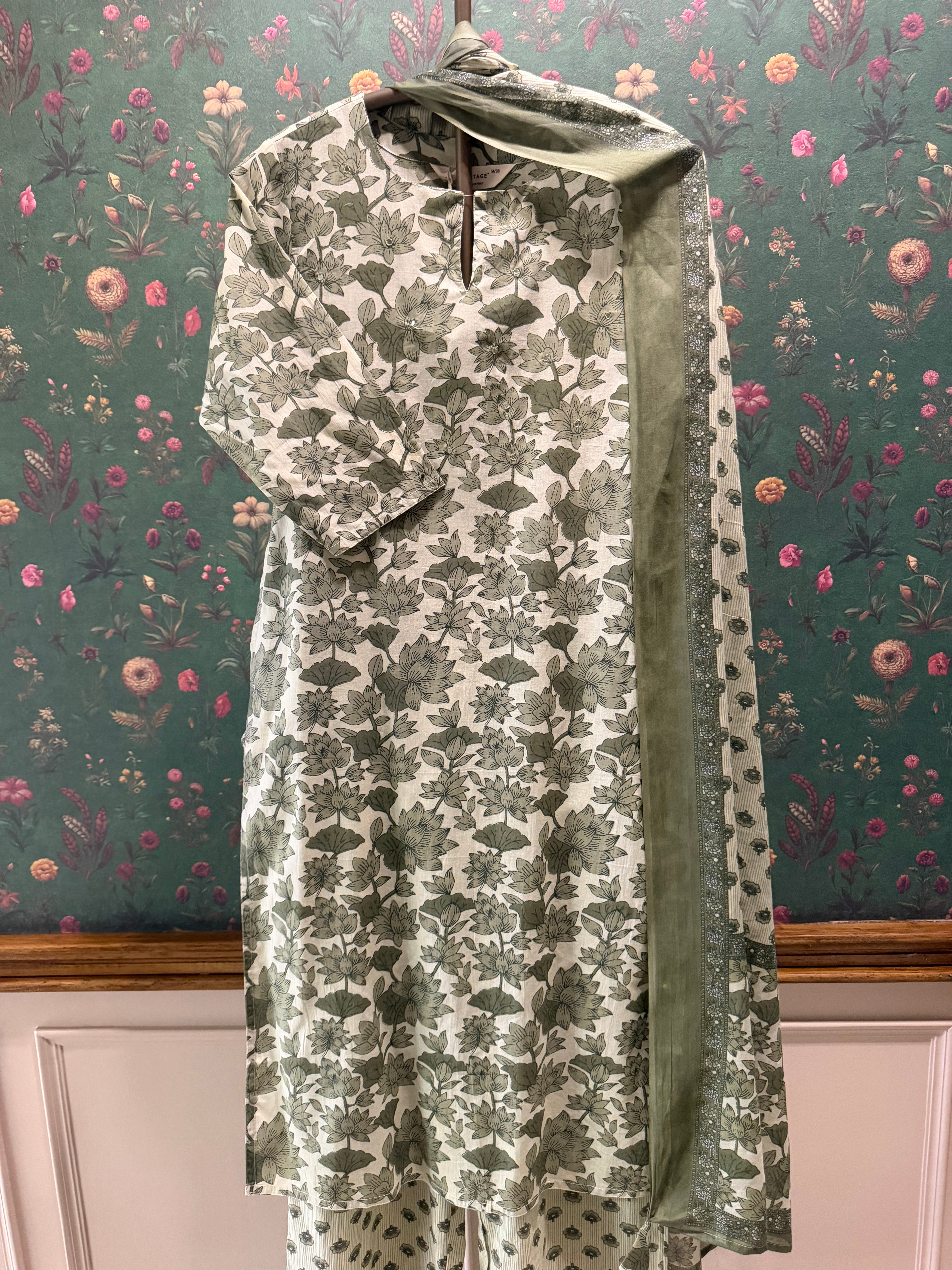 Sage Green Floral Printed Cotton Suit Set | HER-727