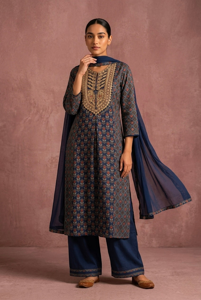 Blue Ajrakh A-Line Muslin Suit Set | HER-635