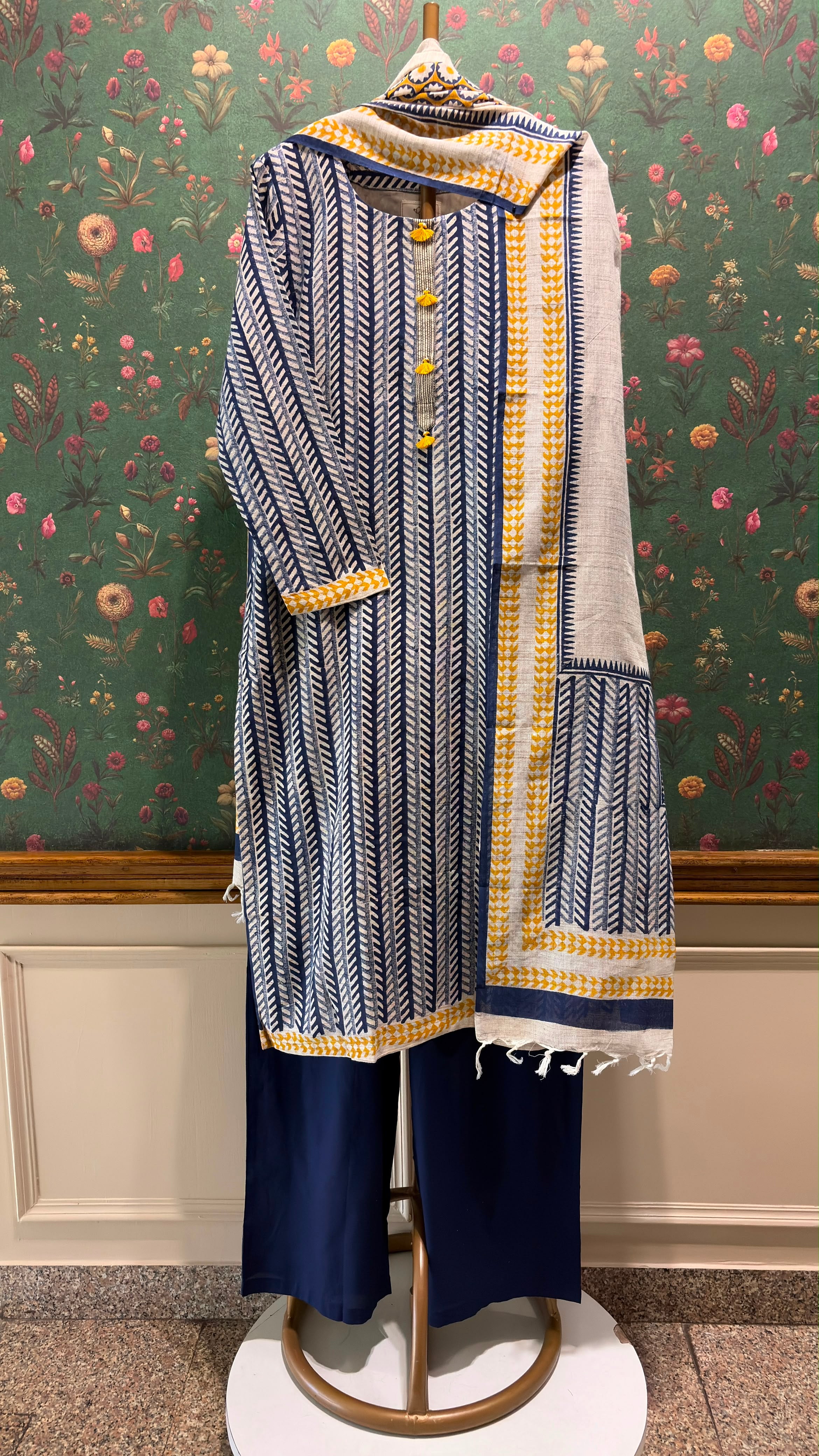 Indigo Mustard Handblock Printed Linen Suit Set