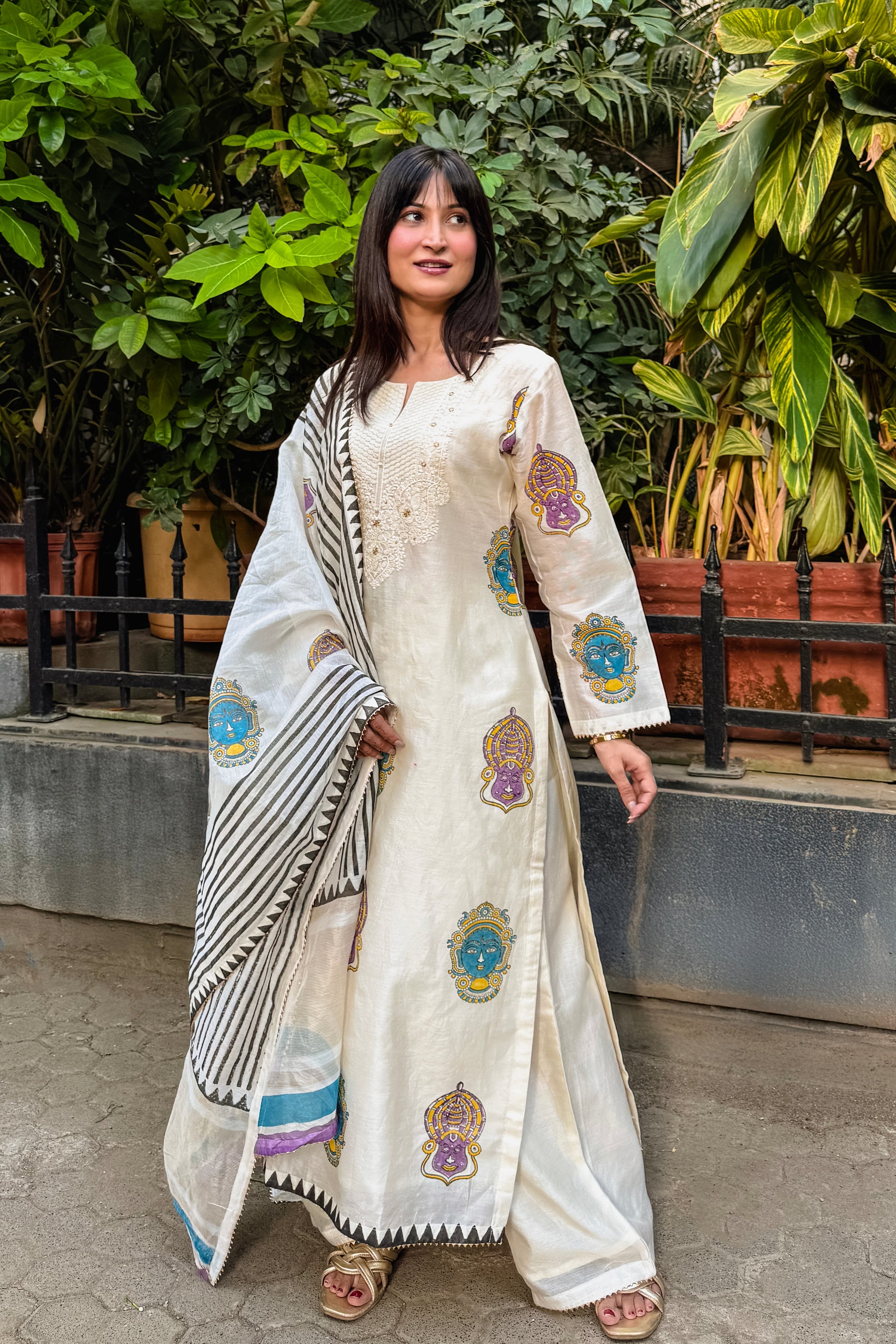 Handcrafted Ivory Printed Chanderi Suit Set x Noorin Sha | HER-611