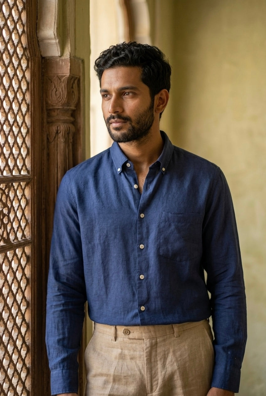 Deep Indigo Blue Men’s Pure Linen Full-Sleeves Shirt