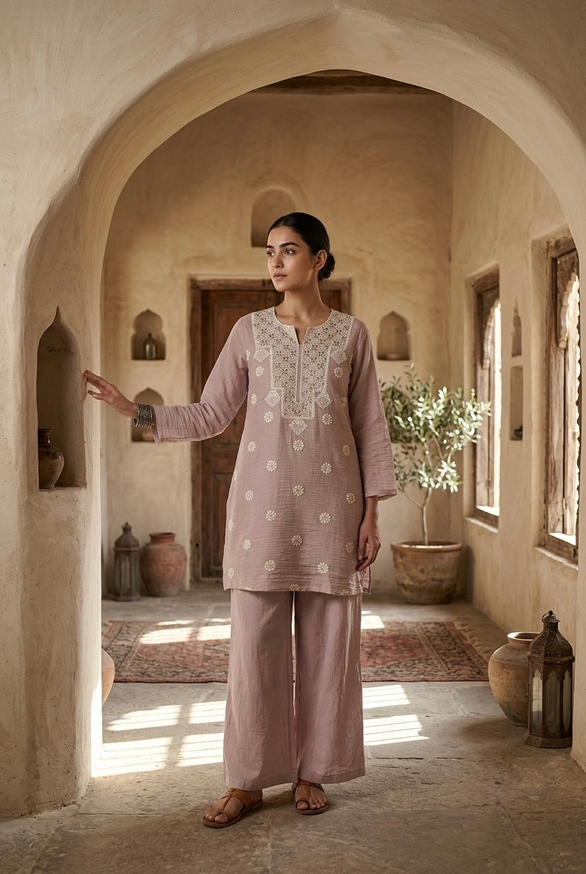 Soft Mauve Mul-Chanderi Kurta/Co-ord Set