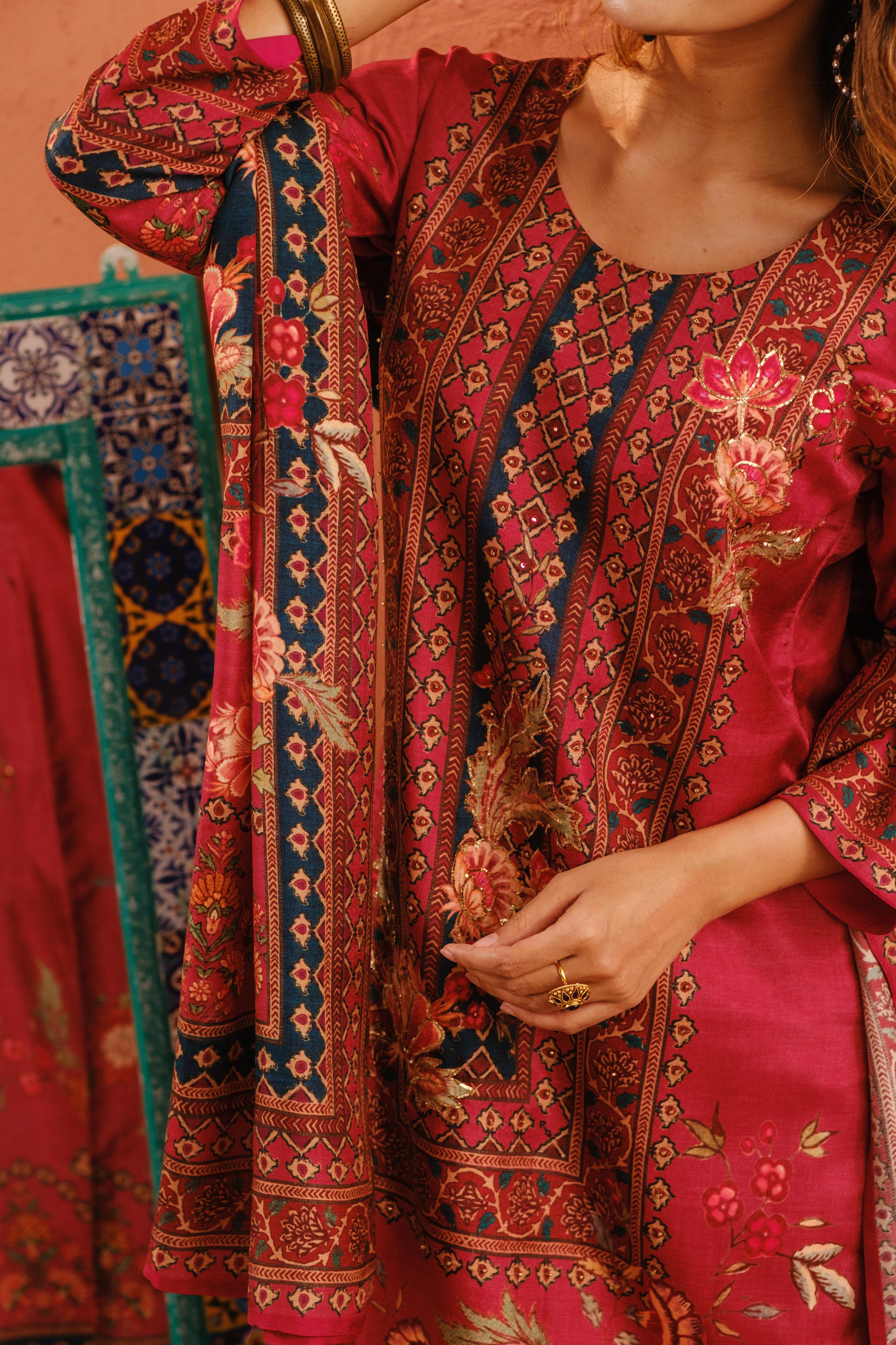 Deep Rose Pink Dola Jacquard Suit Set with Dabka work | HER-485