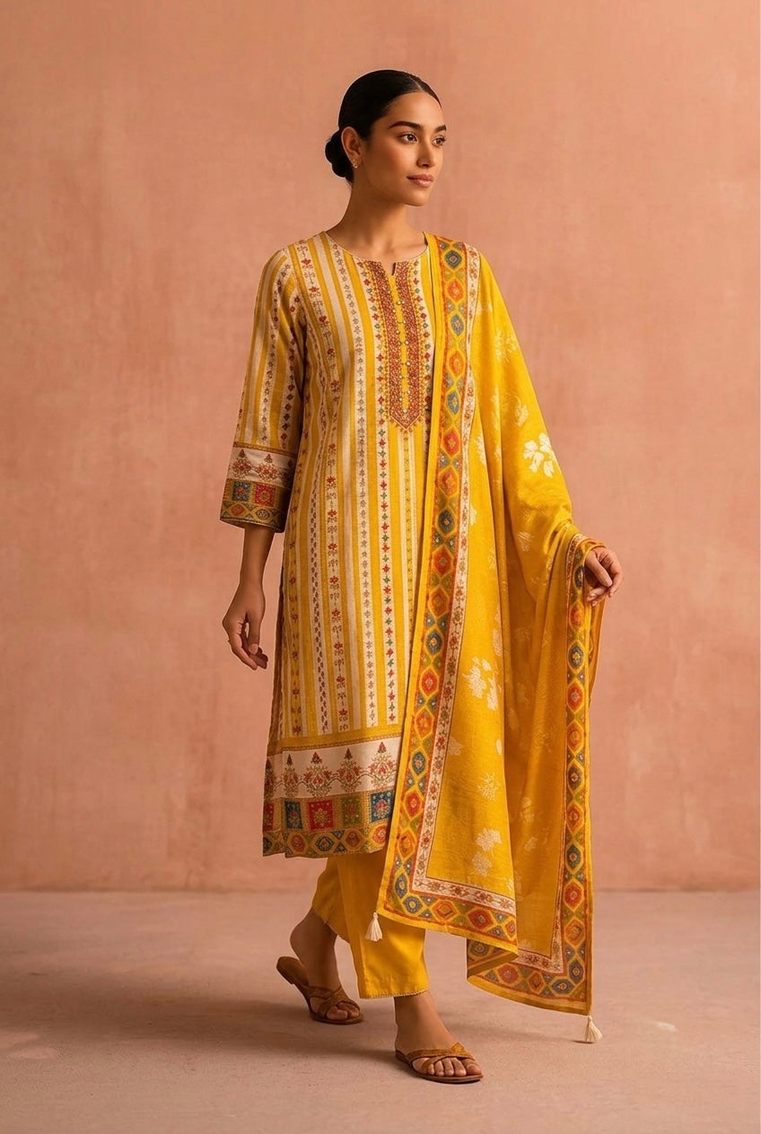 Rangriti Yellow Dola Jacquard Suit Set | HER-549