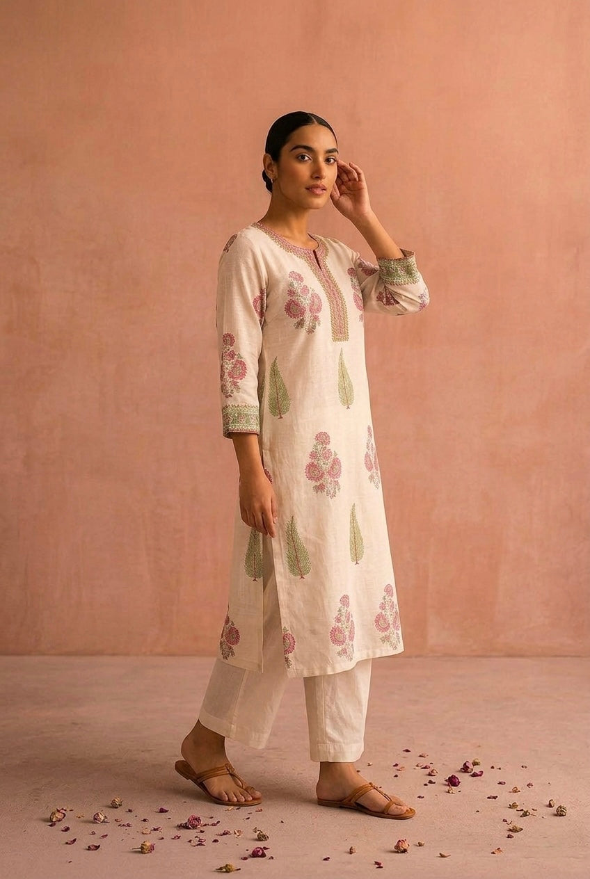 Ivory White Floral Printed Chanderi Suit Set | HER-758